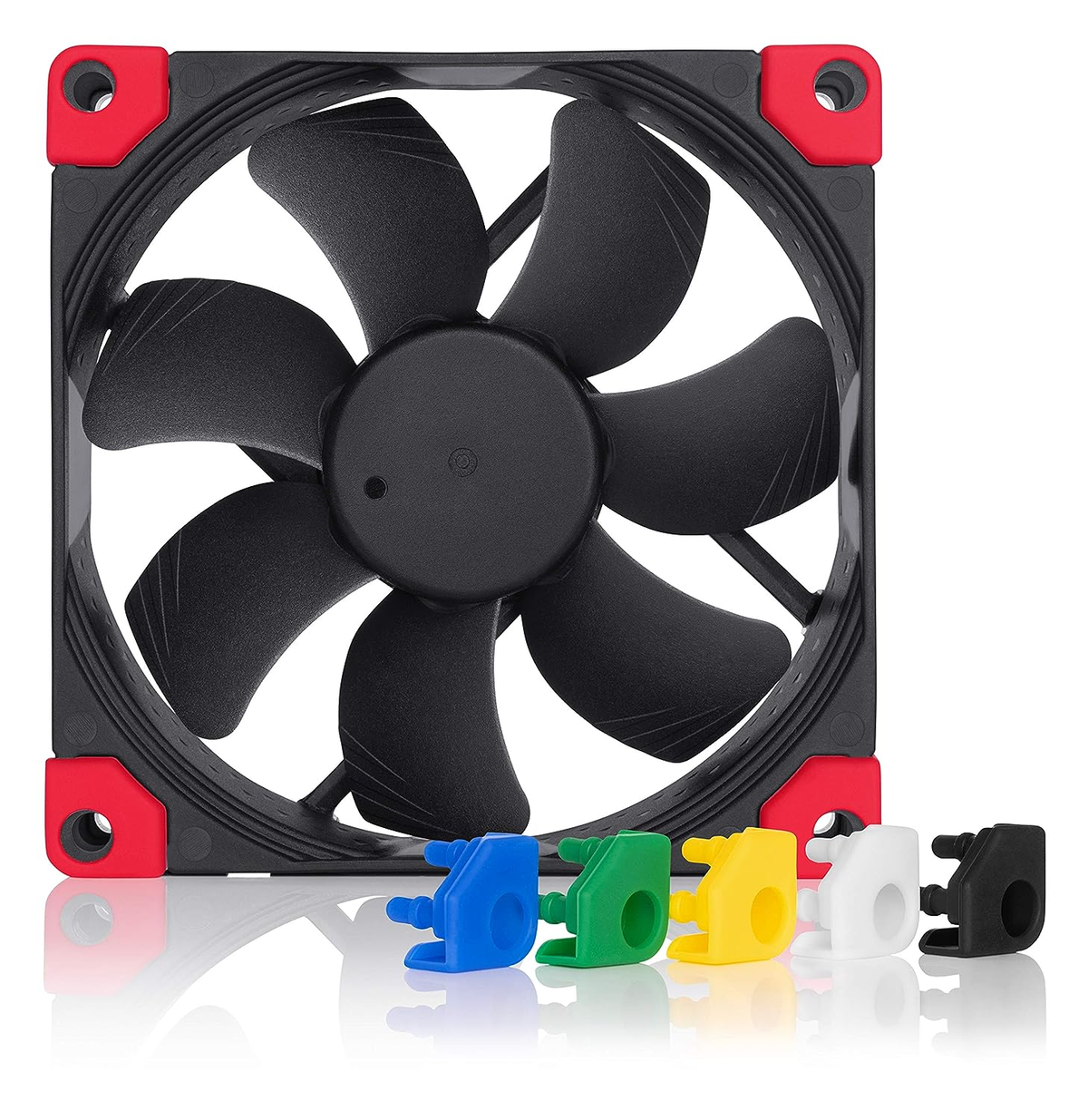 Black computer fan with red corners and colorful mounts in front.