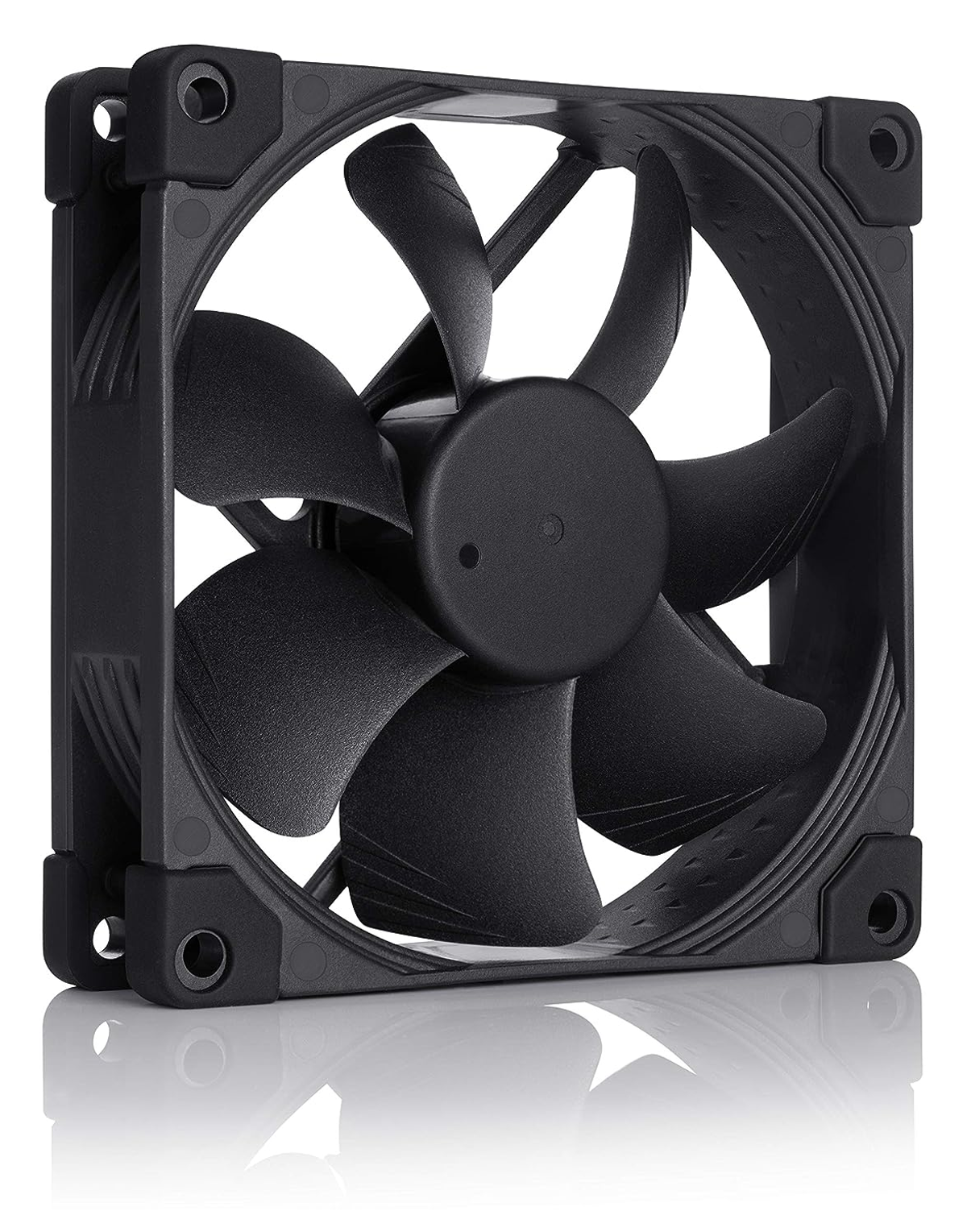 A black computer fan with four blades on a white background.