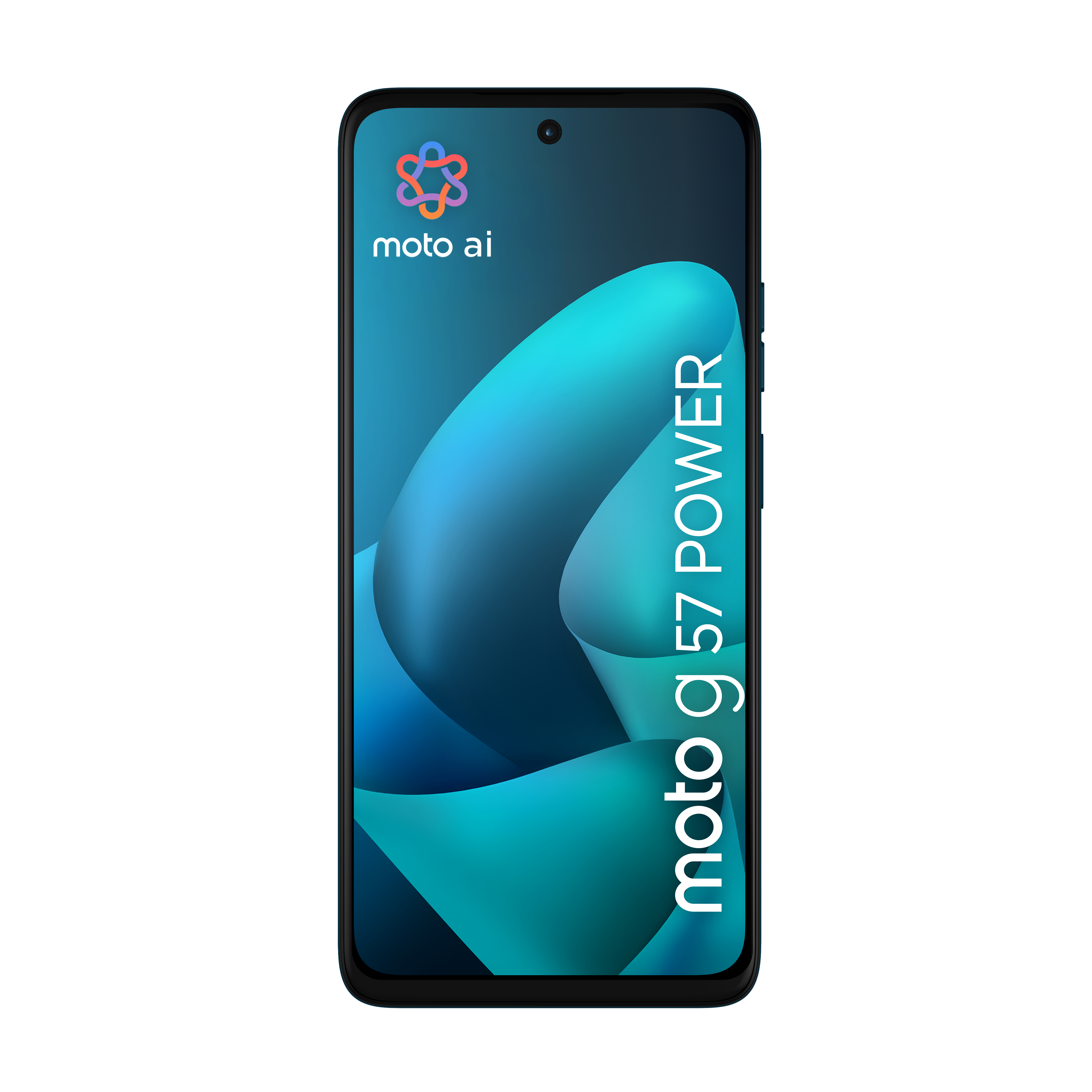 Ein schwarzes Smartphone mit einem blauen und türkisfarbenen Hintergrund.