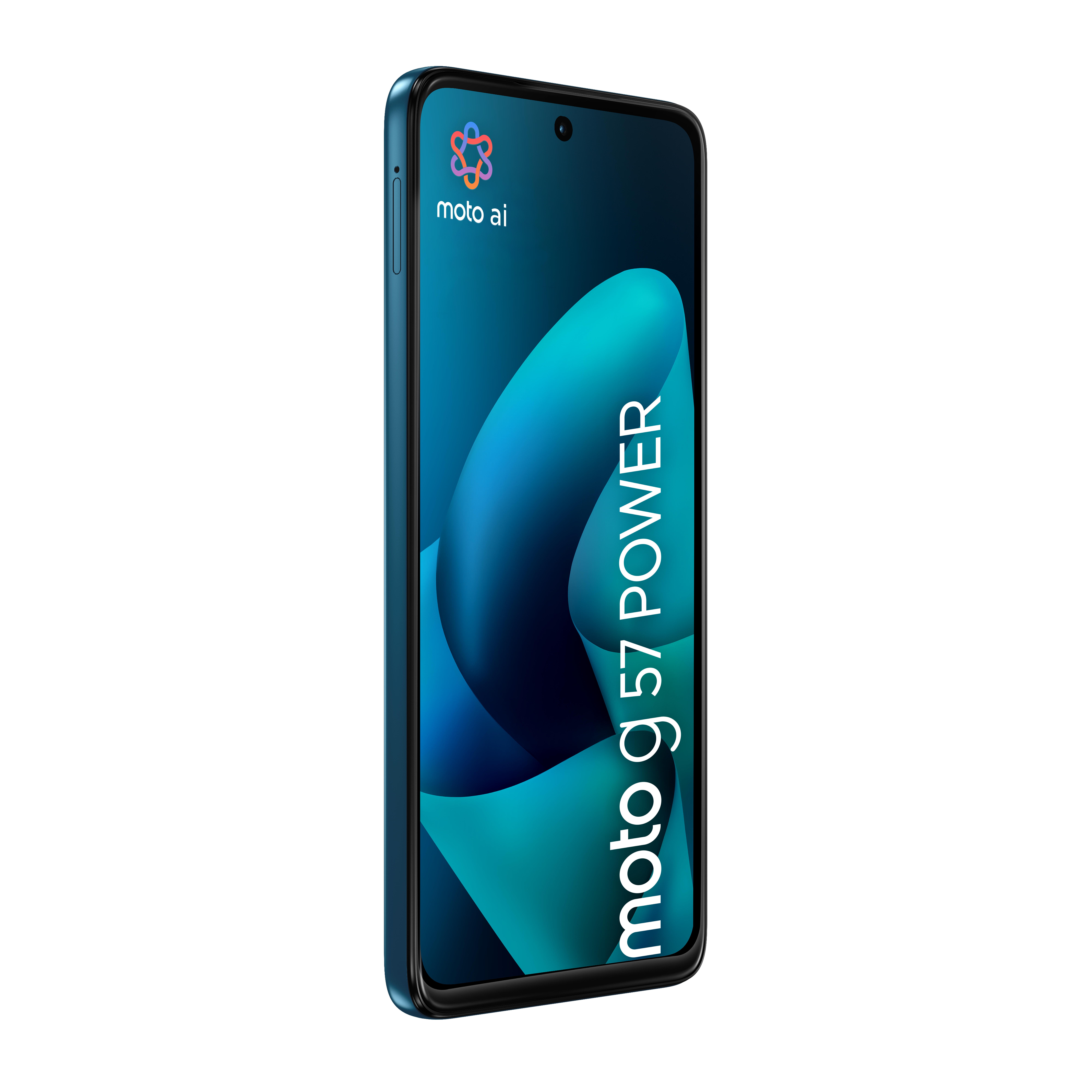 Ein blaues Moto G 57 Power Smartphone mit einem abstrakten Design auf dem Bildschirm.