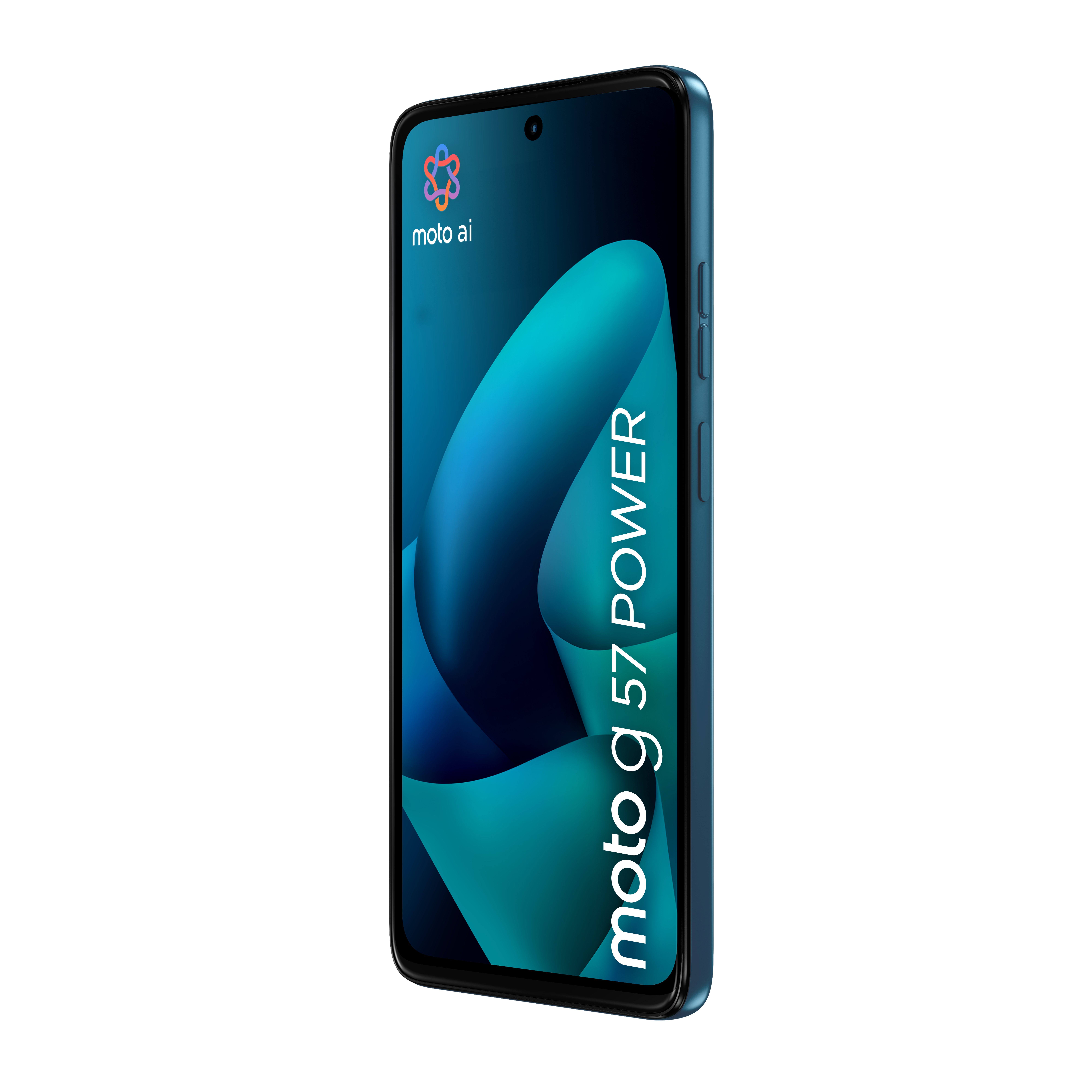Ein blauer Motorola Smartphone mit dem Schriftzug moto g 57 POWER.