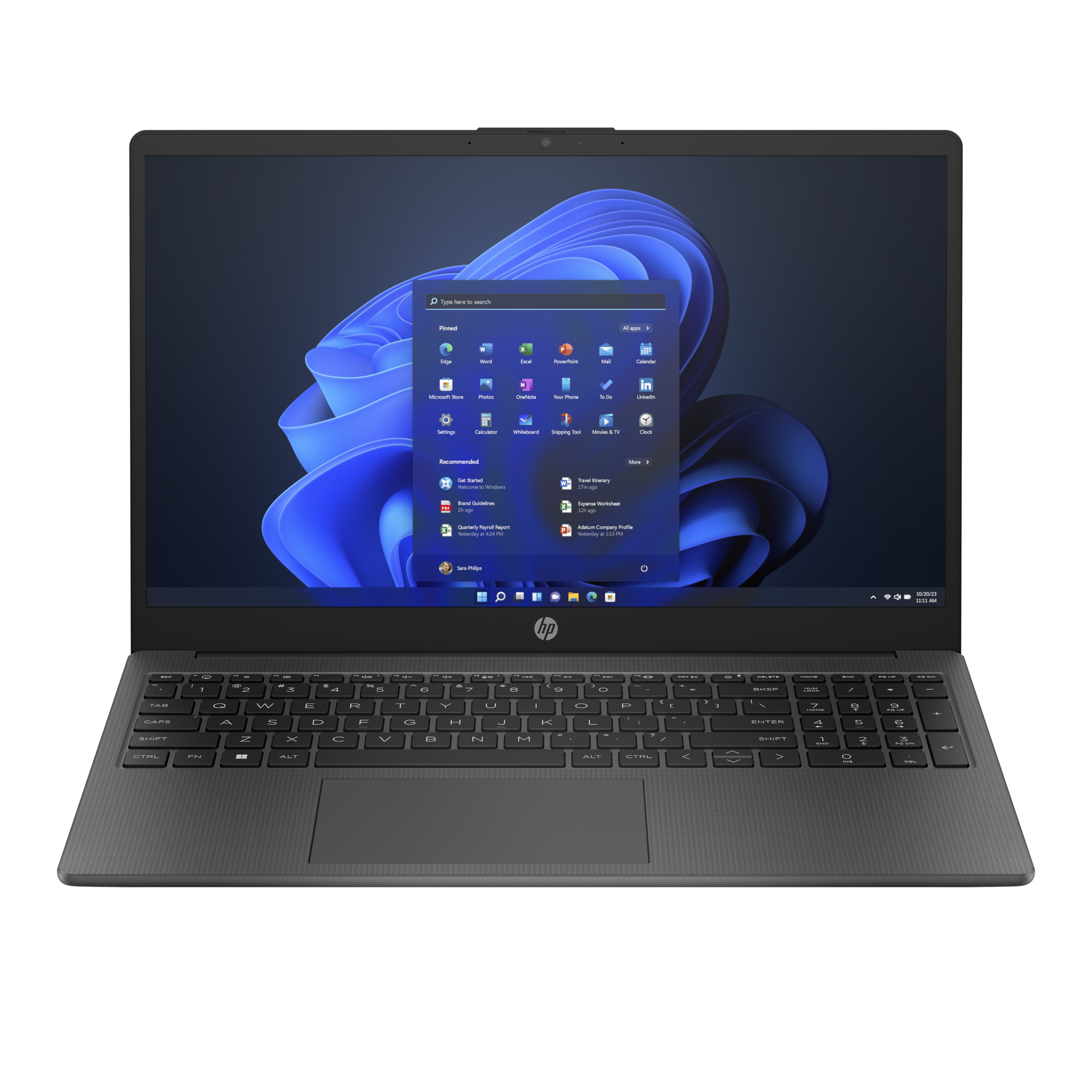 Ein geschlossener grauer Laptop mit einem blauen Hintergrundbild auf dem Bildschirm.