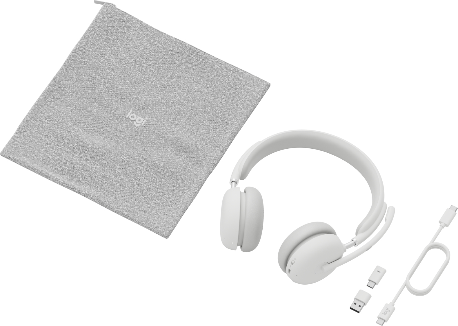 Cuffie bianche con microfono, cavi di ricarica e USB-C, e custodia in tessuto grigio con logo Logi.