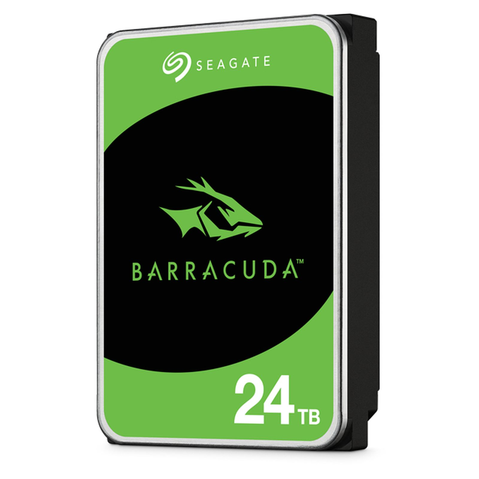 Seagate Barracuda 24TB harde schijf met zwart en groen design, toont een gestileerde vis.