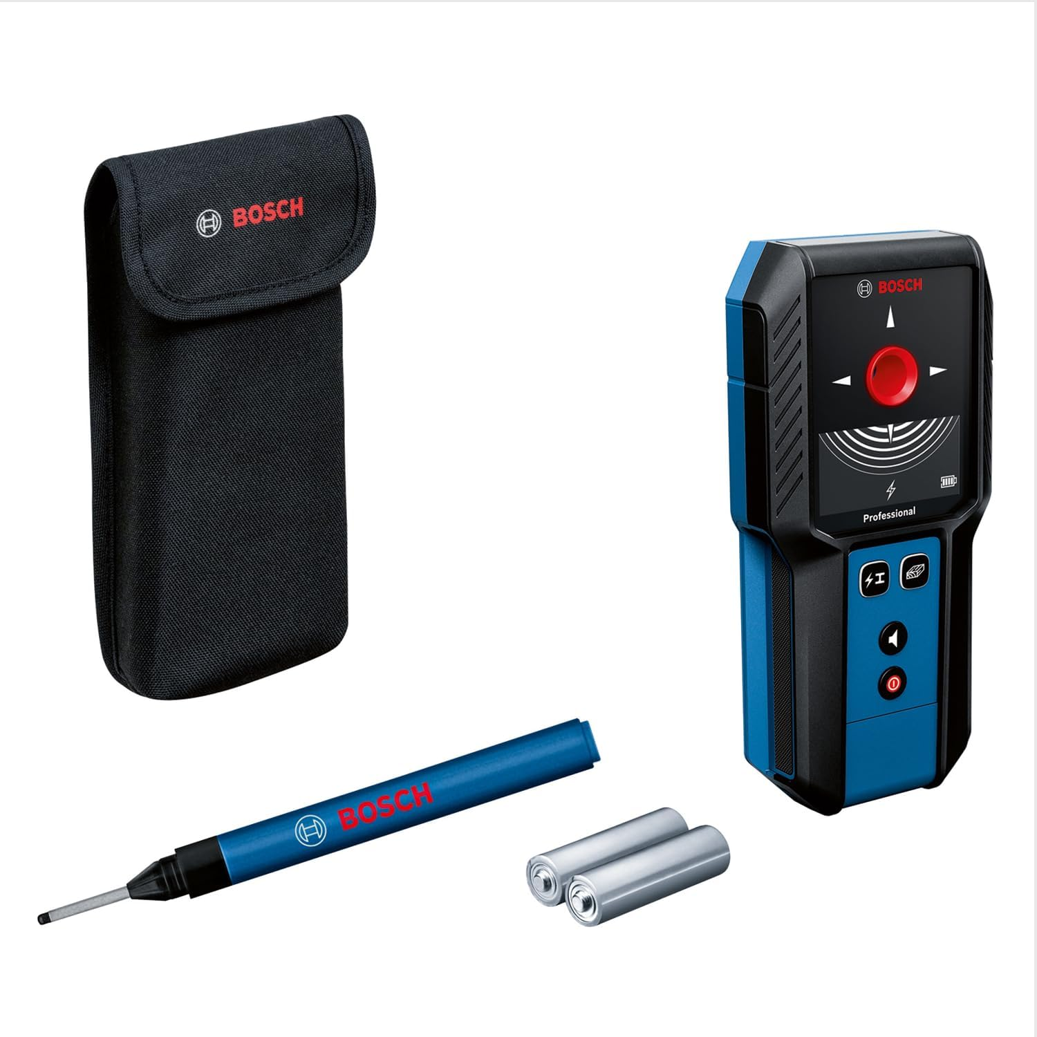 Rilevatore Bosch con custodia, sonda e batterie.