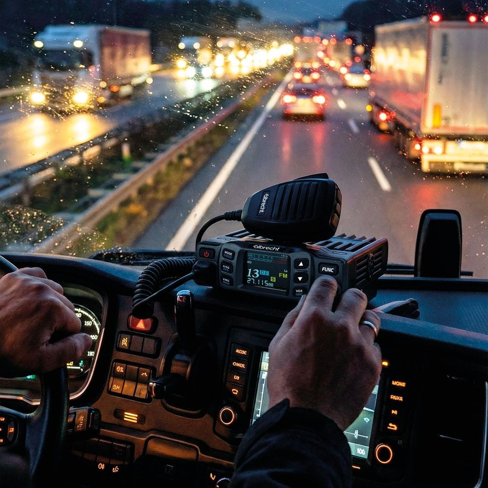 LKW-Führer bedient Funkgerät bei Nachtfahrt auf Autobahn mit Verkehr.