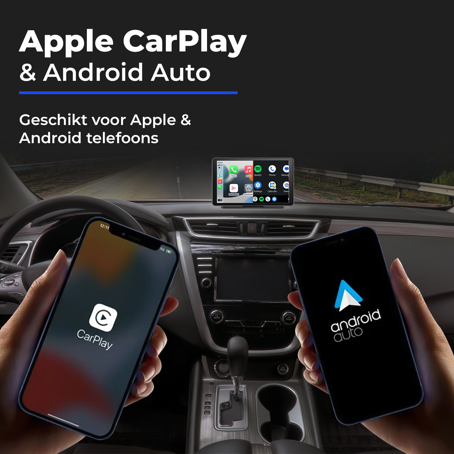 Two hands hold smartphones inside a car dashboard, one showing CarPlay, the other Android Auto.
