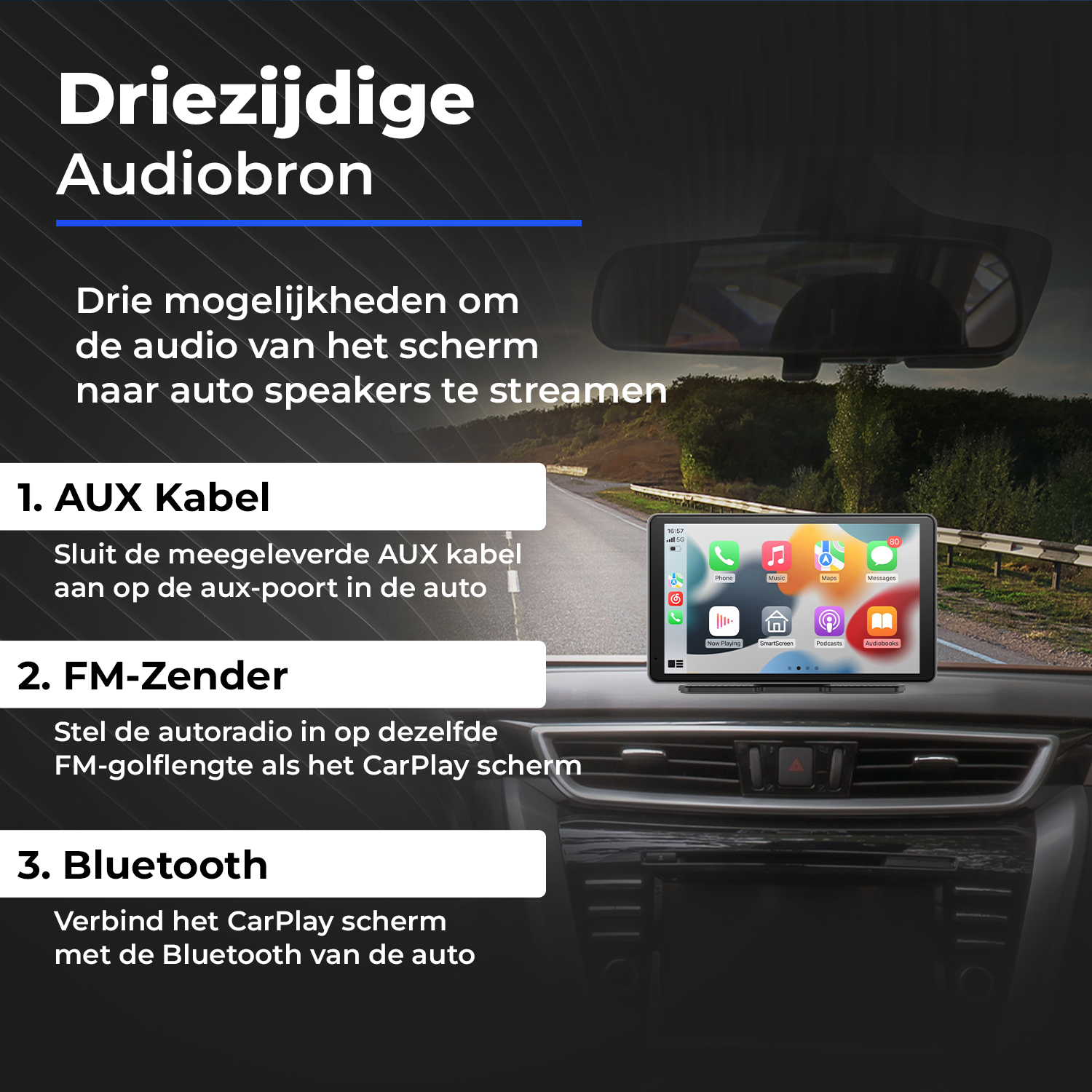 Three ways to stream audio from the screen to car speakers: AUX, FM, Bluetooth.