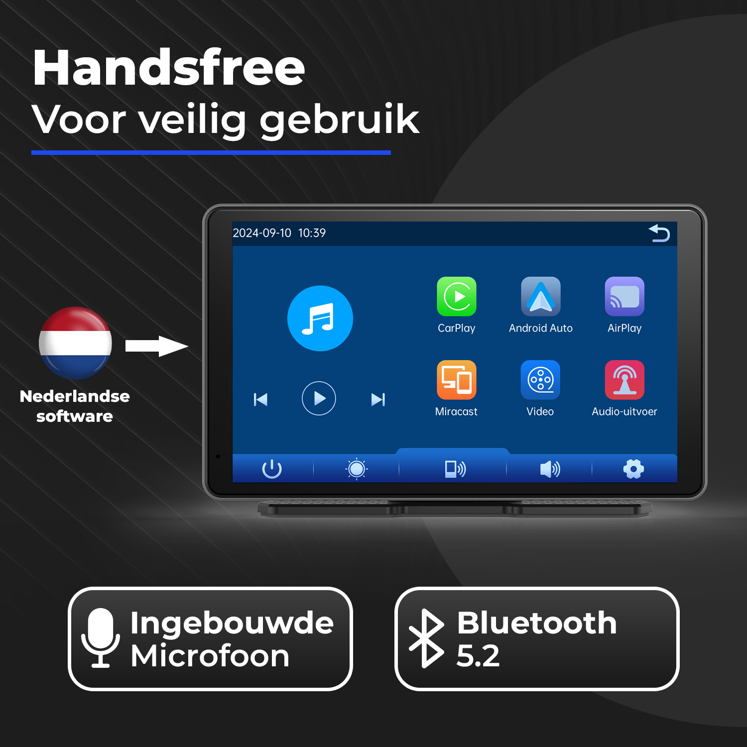 Car stereo touchscreen with apps like CarPlay, Android Auto, AirPlay. Dutch software.