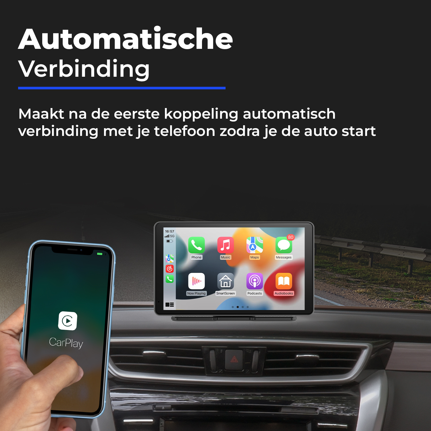 Hand holds iPhone with CarPlay app, next to car radio with app icons.