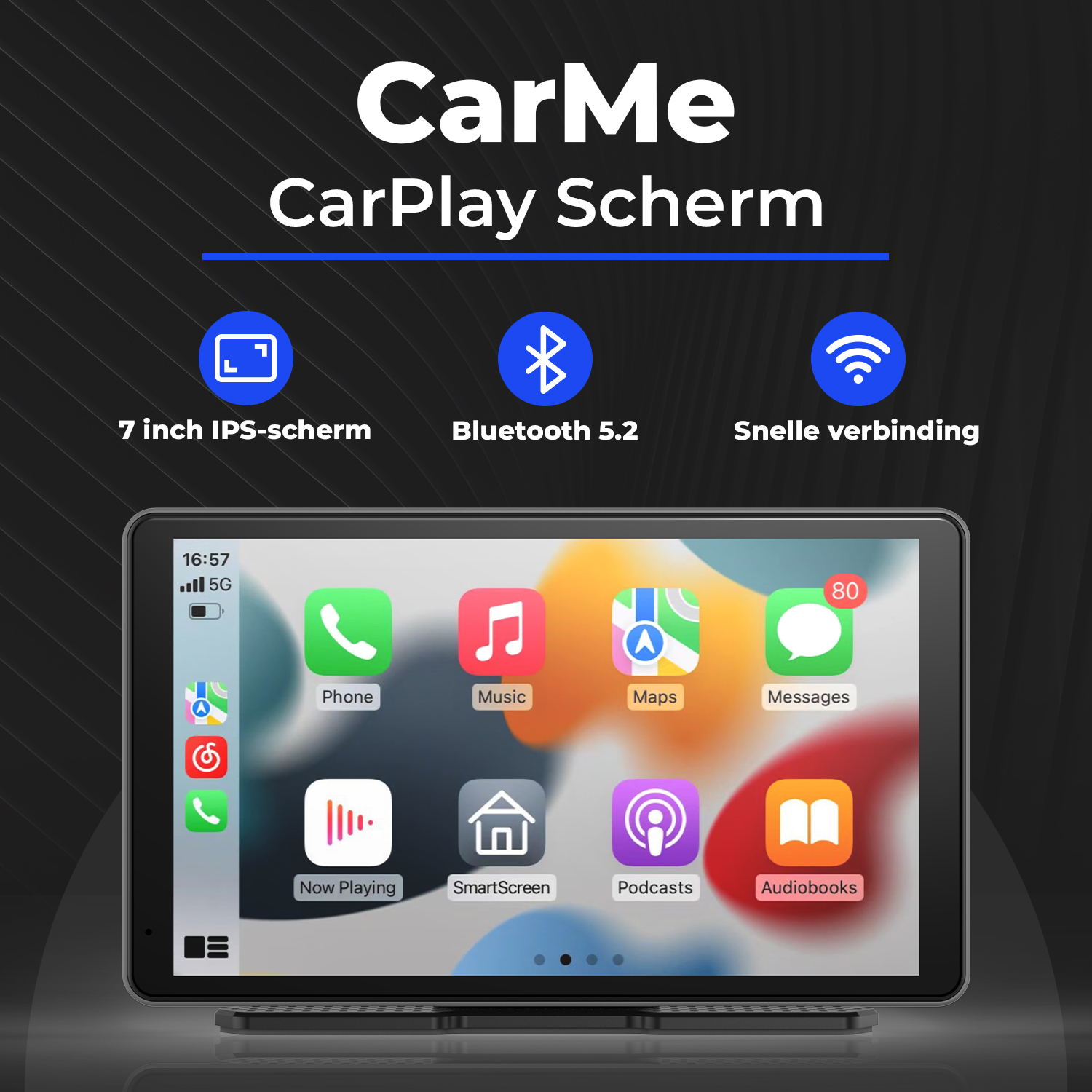 CarMe CarPlay Screen with 7-inch IPS display, Bluetooth 5.2, and fast connection.