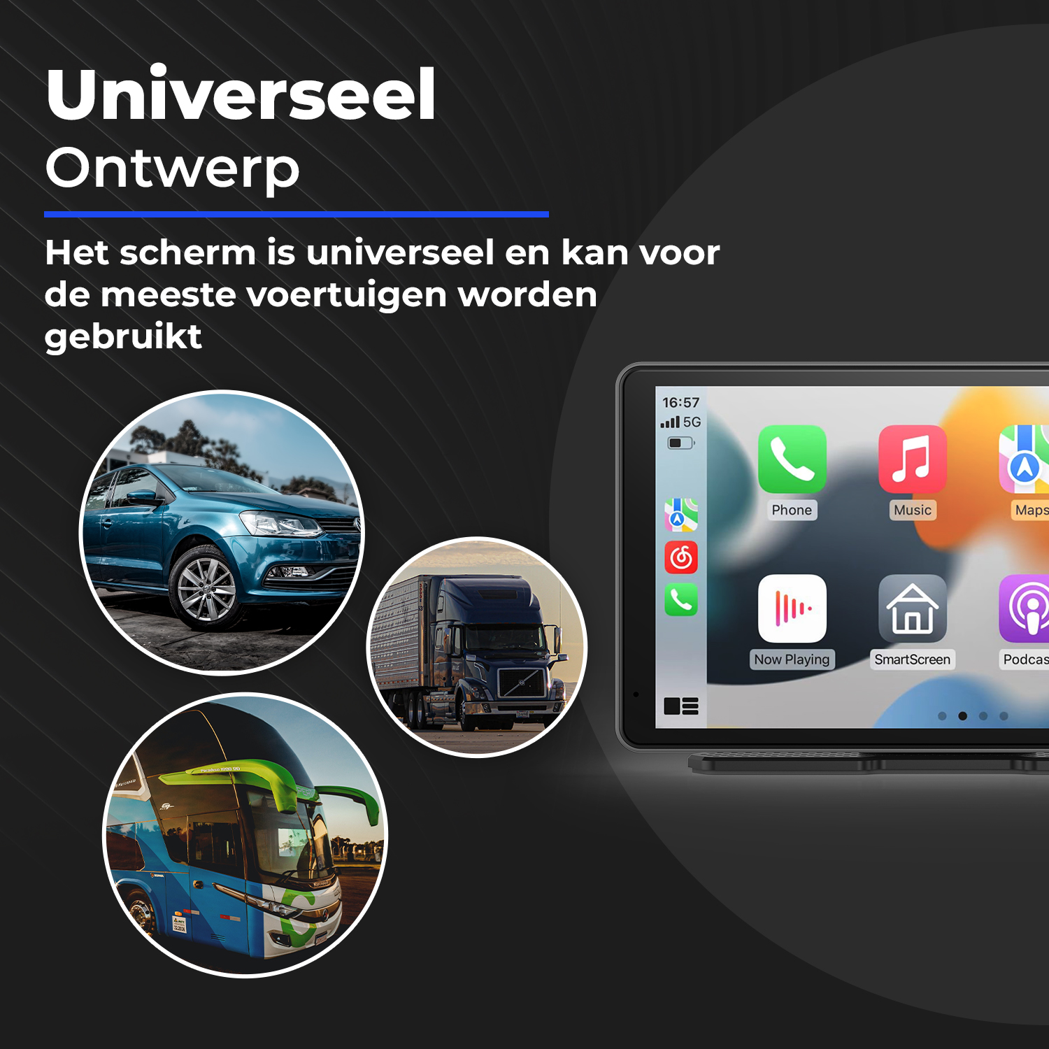 Cars, trucks, buses and a screen with app icons.