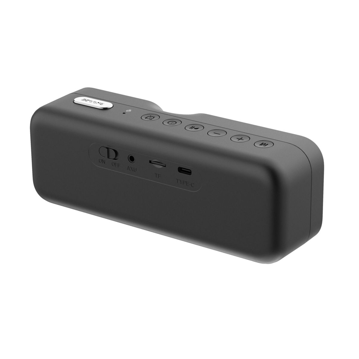 Altoparlante Bluetooth nero con controlli e porte sopra e sul lato.