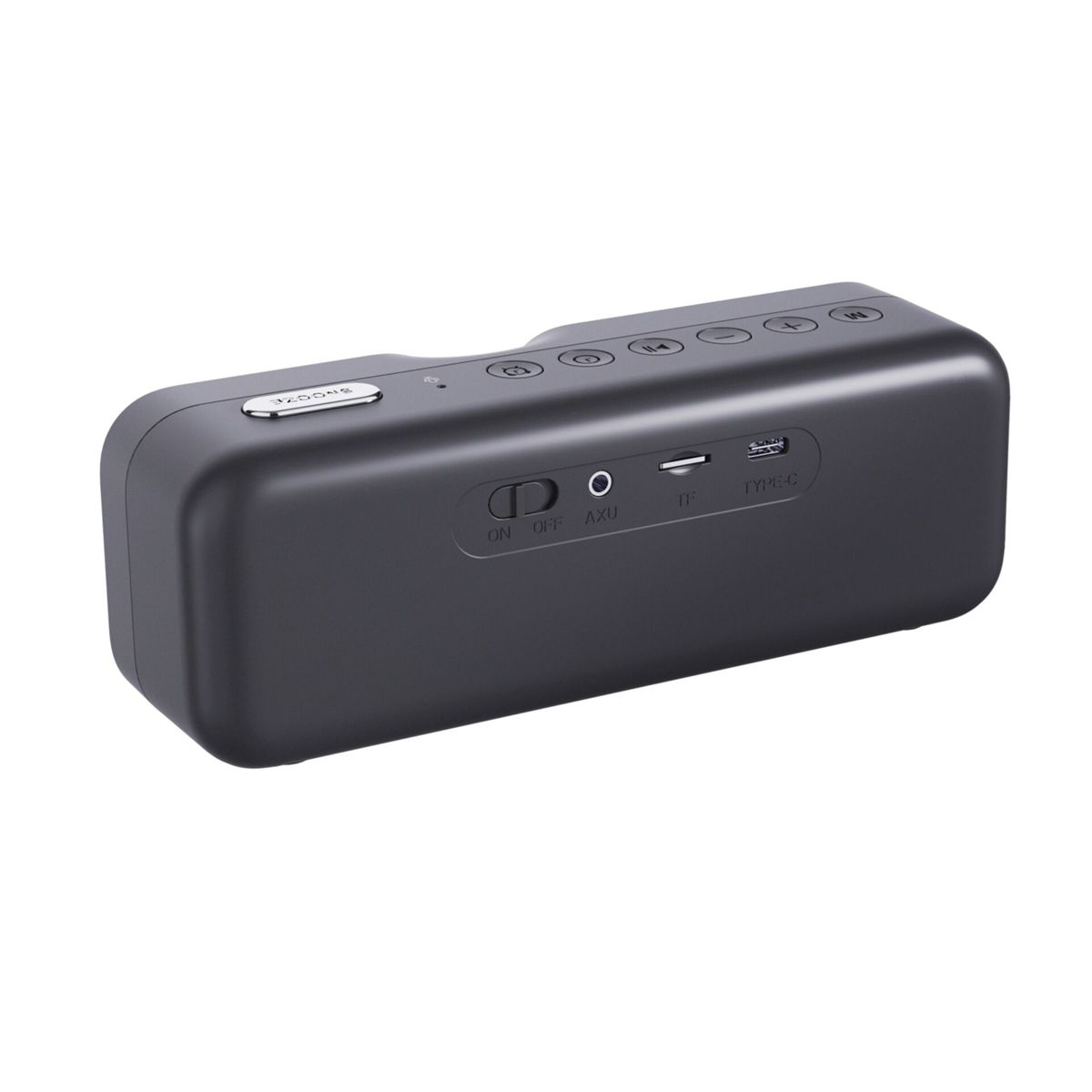 Un altoparlante portatile scuro con pulsanti e porte visibili.