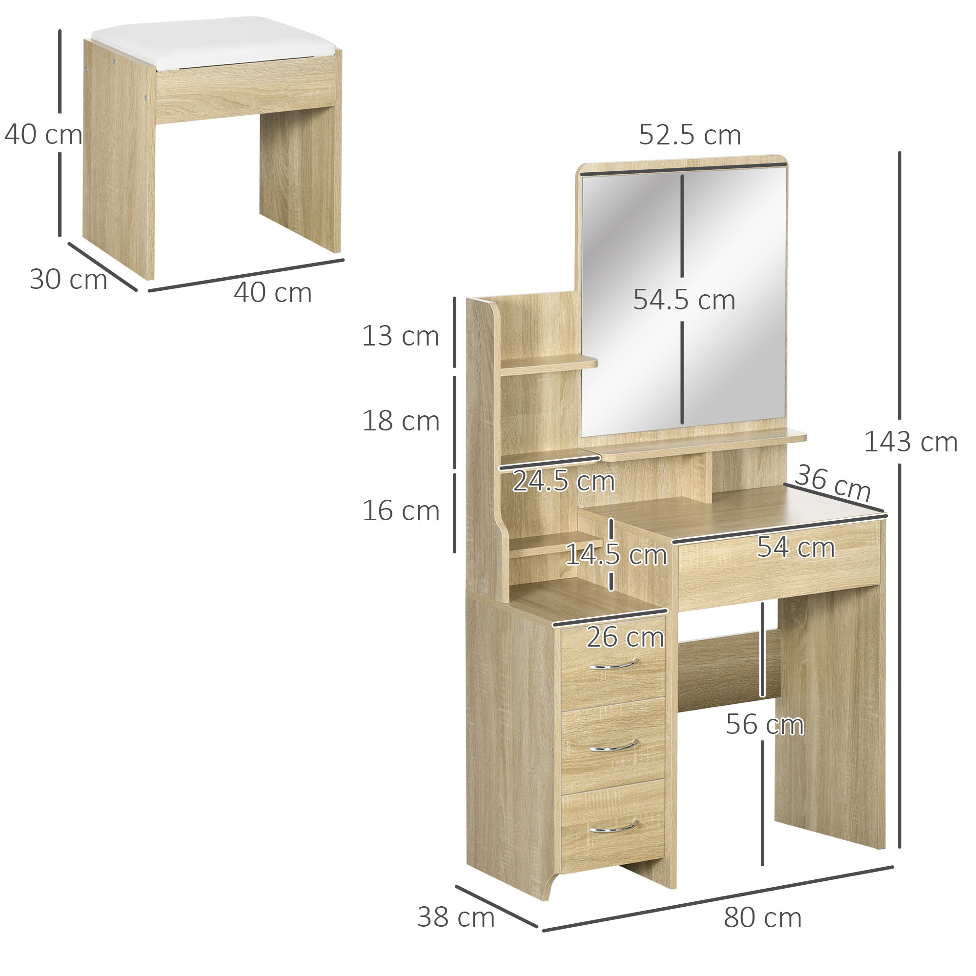 Un mobiletto da trucco in legno con specchio e sgabello, dimensioni indicate.