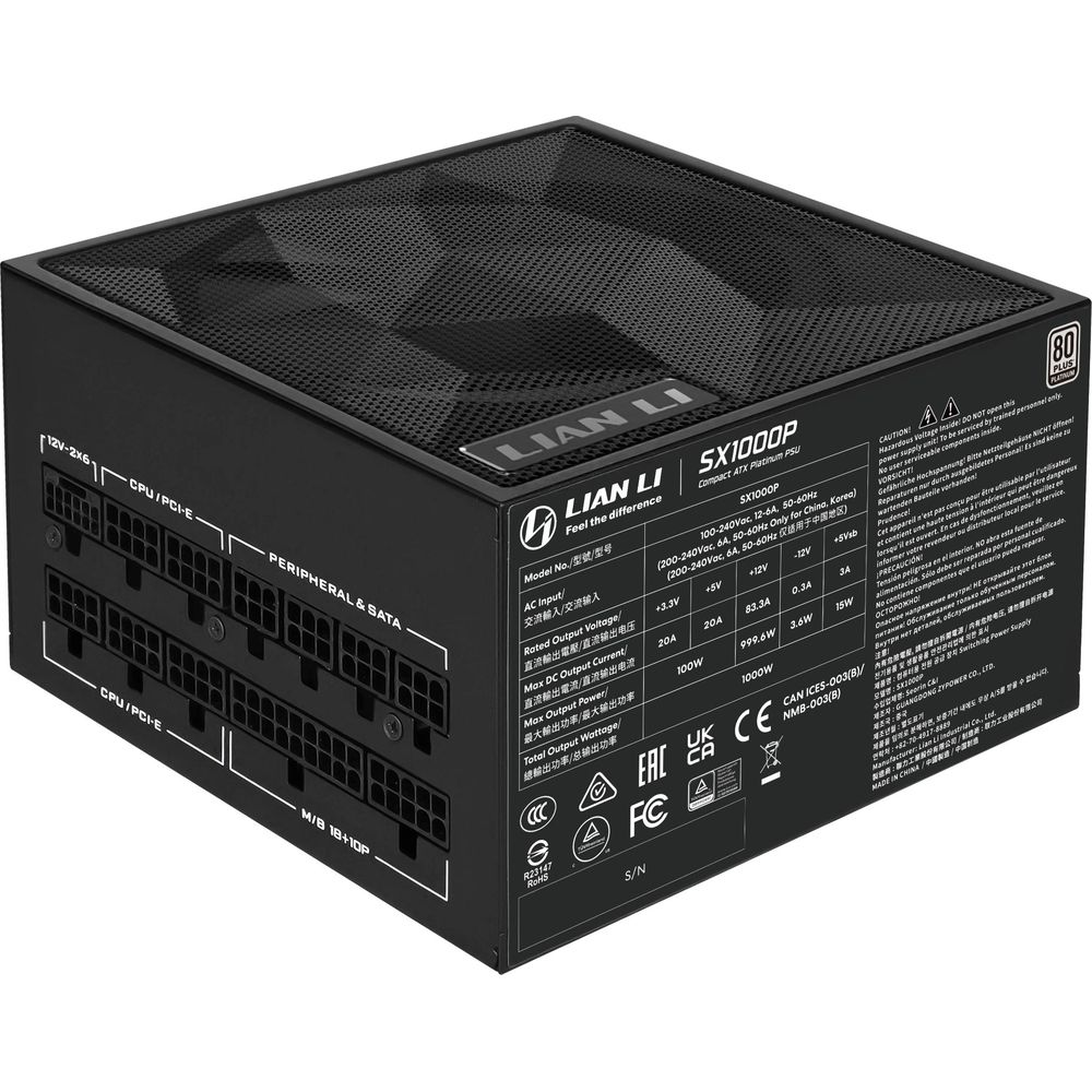 Fuente de alimentación Lian Li negra con conectores CPU, periféricos y SATA.