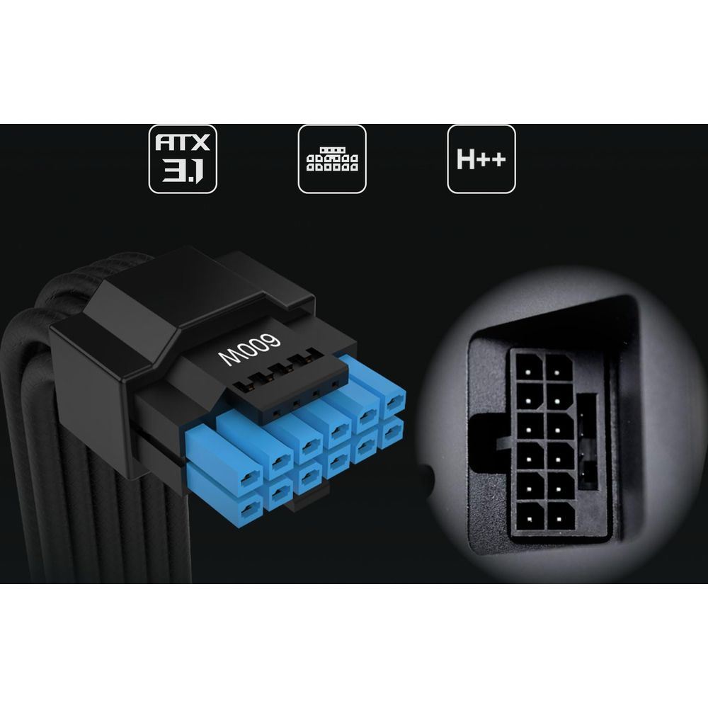 Connecteur de câble d'alimentation ATX 3.1 600W noir avec broches bleues et une prise d'alimentation.