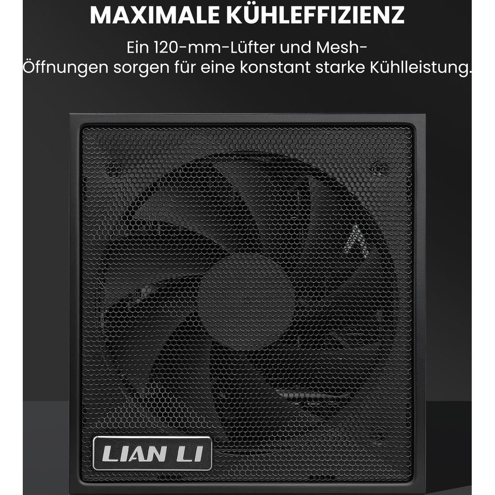 Ventilador de PC negro con cubierta de malla y logo LIAN LI.