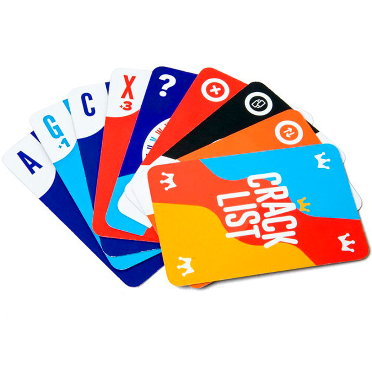 Cartas de juego en abanico con símbolos y texto.