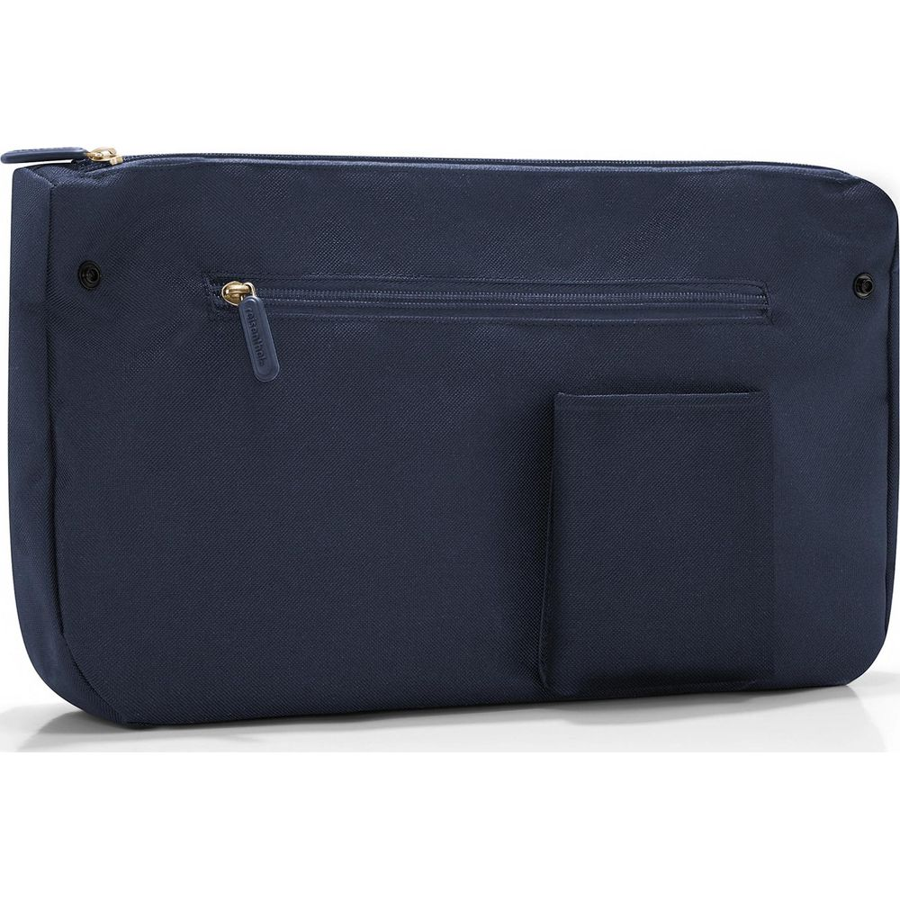 Eine dunkelblaue rechteckige Tasche mit Reißverschluss und Fronttasche. Die Tasche hat einen goldenen Reißverschlussanhänger.
