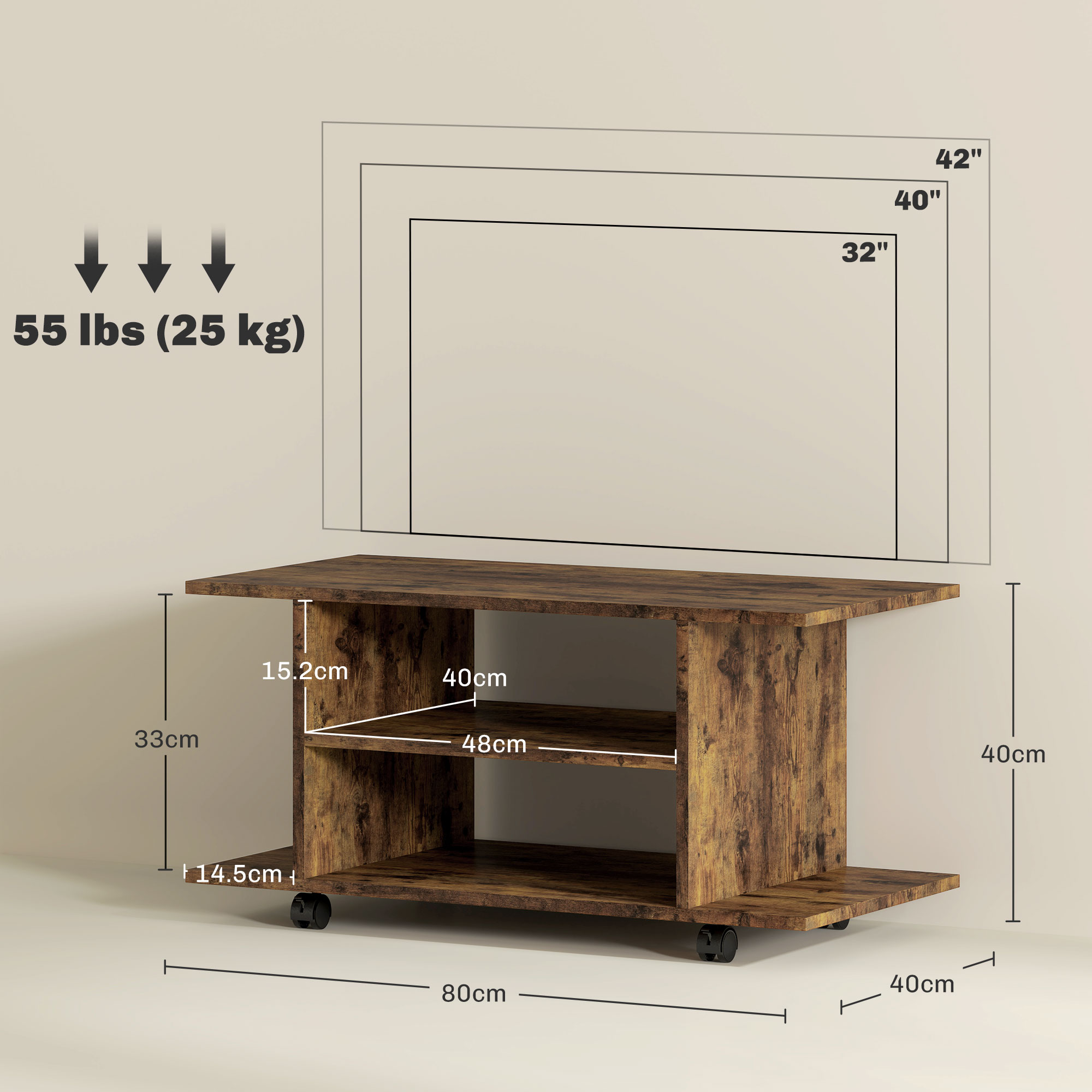 Mobile TV in legno con dimensioni e indicazione del peso.