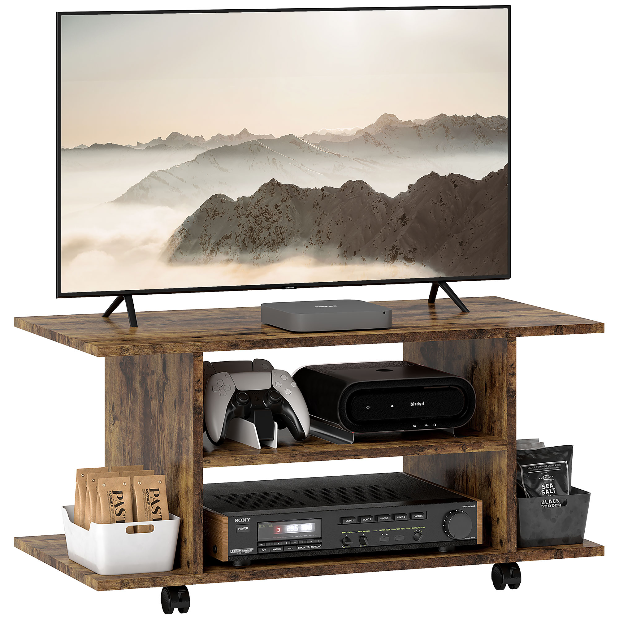 Un mobile TV con TV, console e ricevitori. Gli scaffali anteriori contengono giochi e accessori.