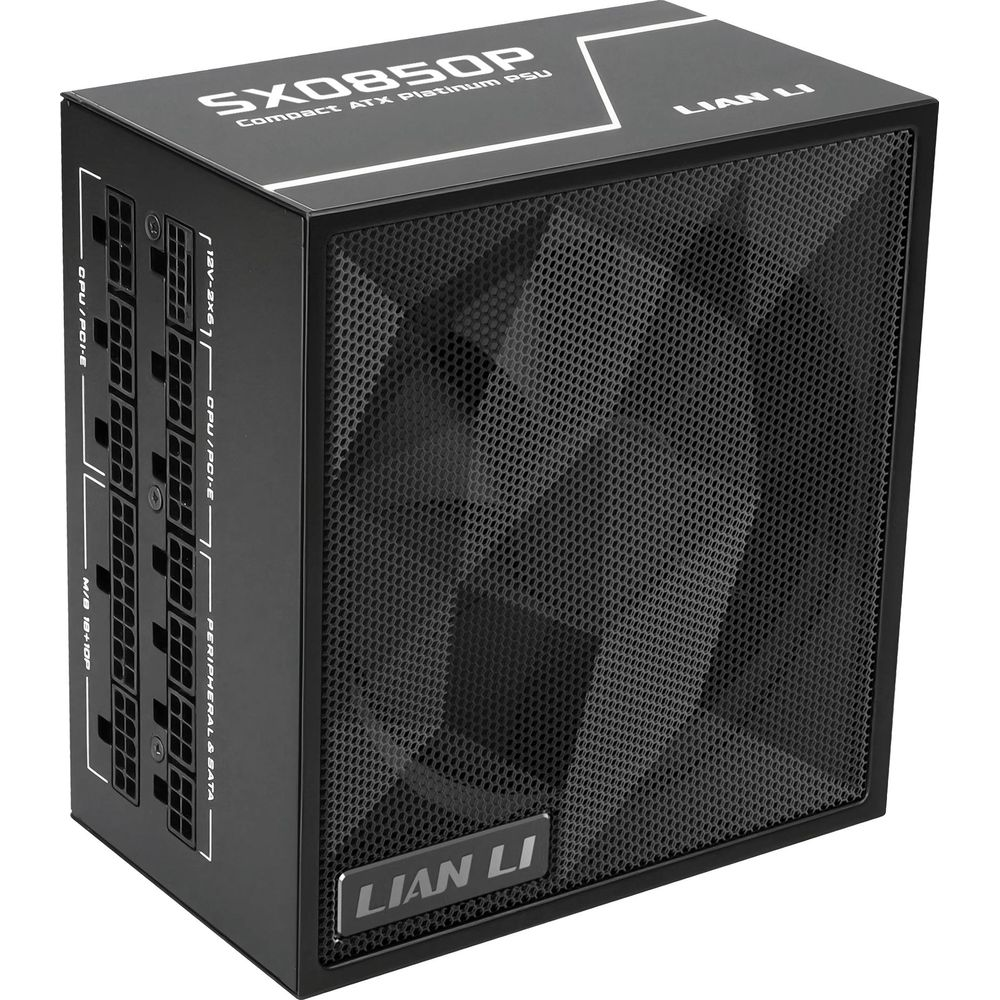 Un alimentatore Lian Li SXO850P nero con porte etichettate.