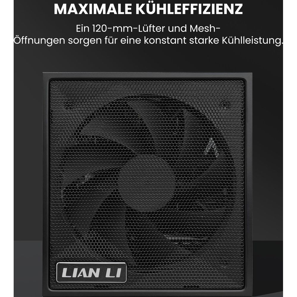 Ventola nera per case PC con frontale in mesh e logo LIAN LI.