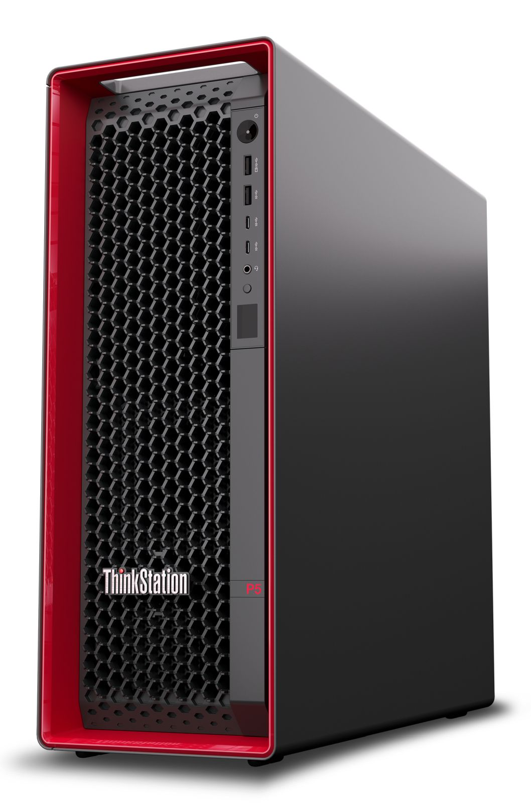 Un PC nero Lenovo ThinkStation P5 con cornice rossa e motivo a nido d'ape.