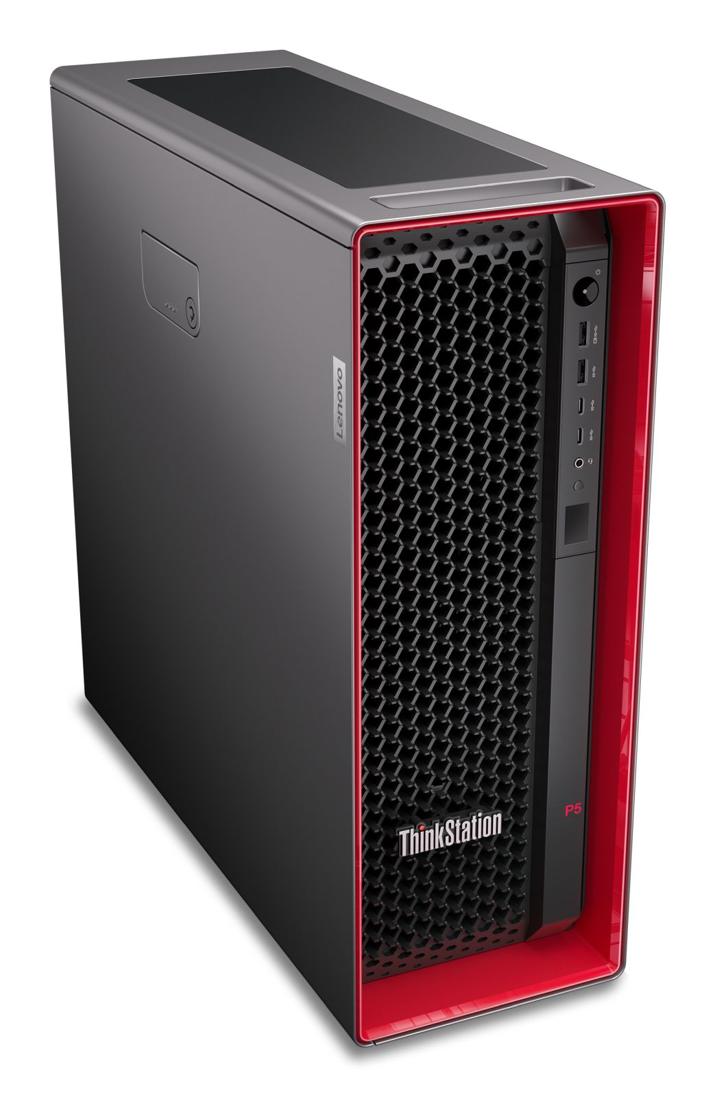Desktop nero Lenovo ThinkStation P5 con cornice rossa e pannello frontale a nido d'ape.