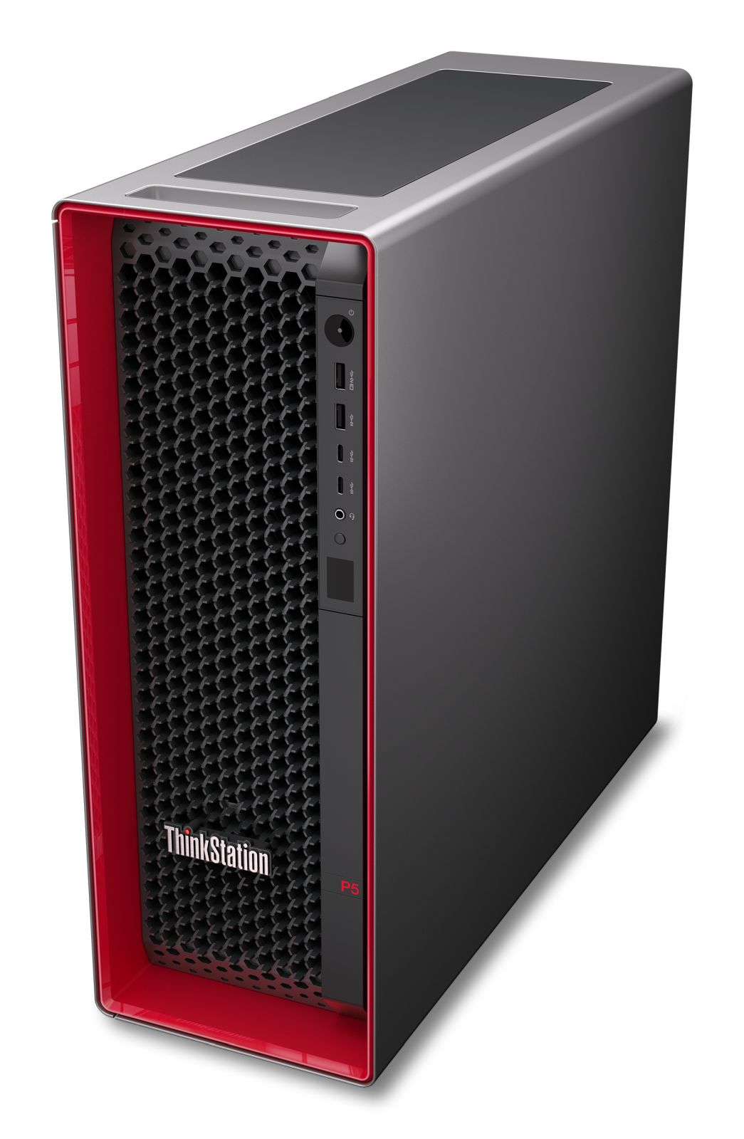Un PC Lenovo ThinkStation P5 grigio con cornice rossa e motivo a nido d'ape.