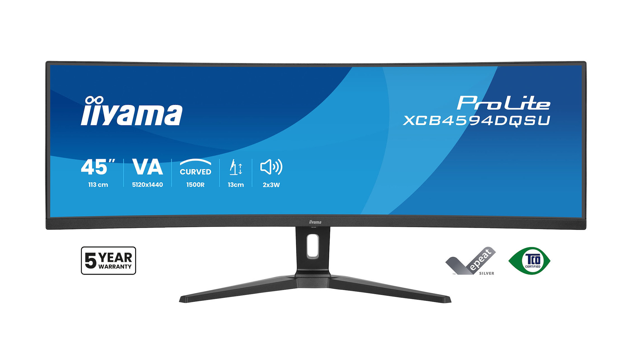 Een 45-inch gebogen iiyama ProLite monitor met 5120x1440 resolutie en 5 jaar garantie.