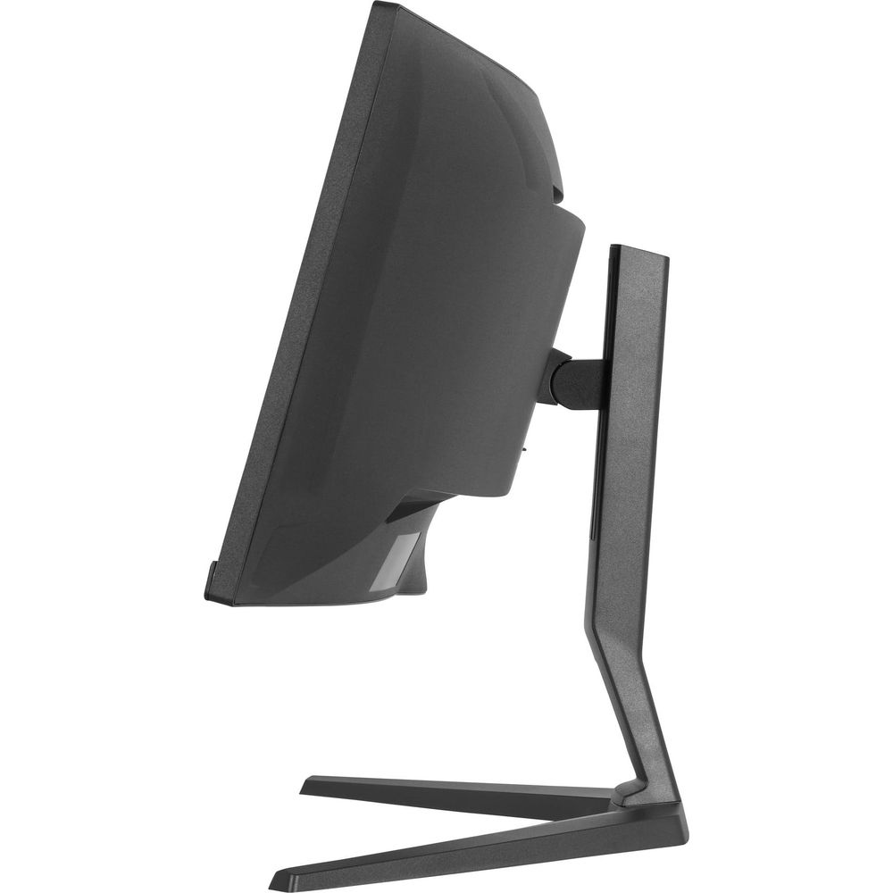 Zwarte computermonitor van de zijkant met een V-vormige standaard.