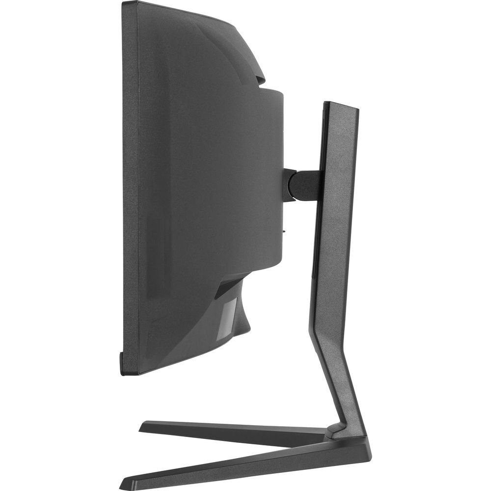 Grijze computermonitor met V-vormige standaard, zij-aanzicht.