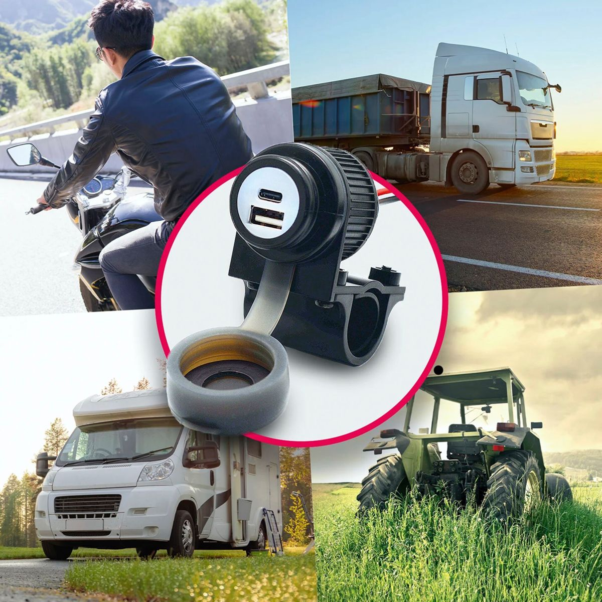 Un motociclista, un camion, un camper e un trattore con caricatore USB.
