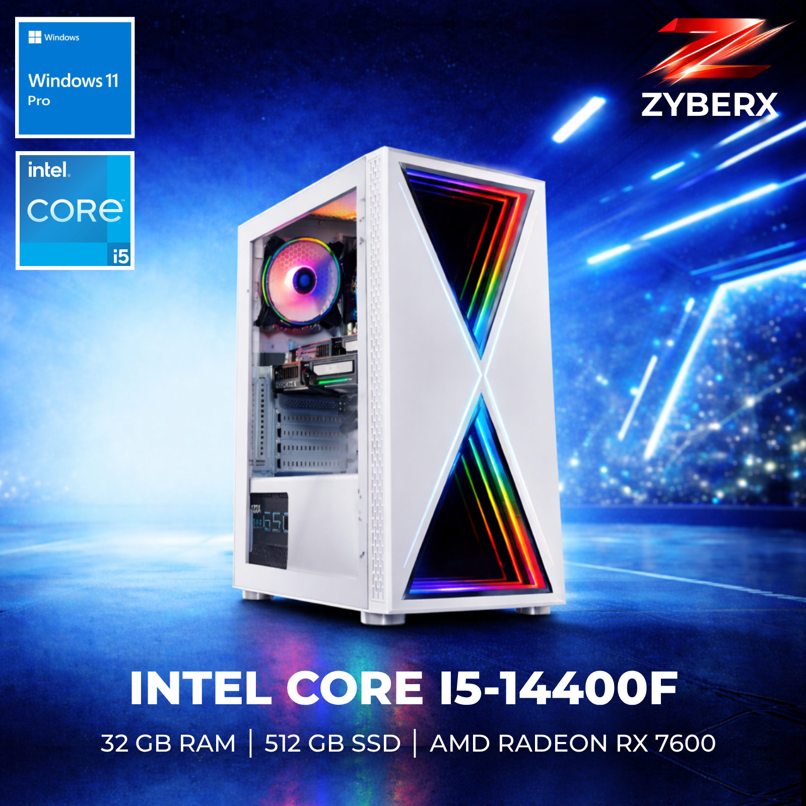 Weißer PC-Turm mit RGB-Lüfter und Frontbeleuchtung. Aufkleber für Intel Core i5, Windows 11 Pro.