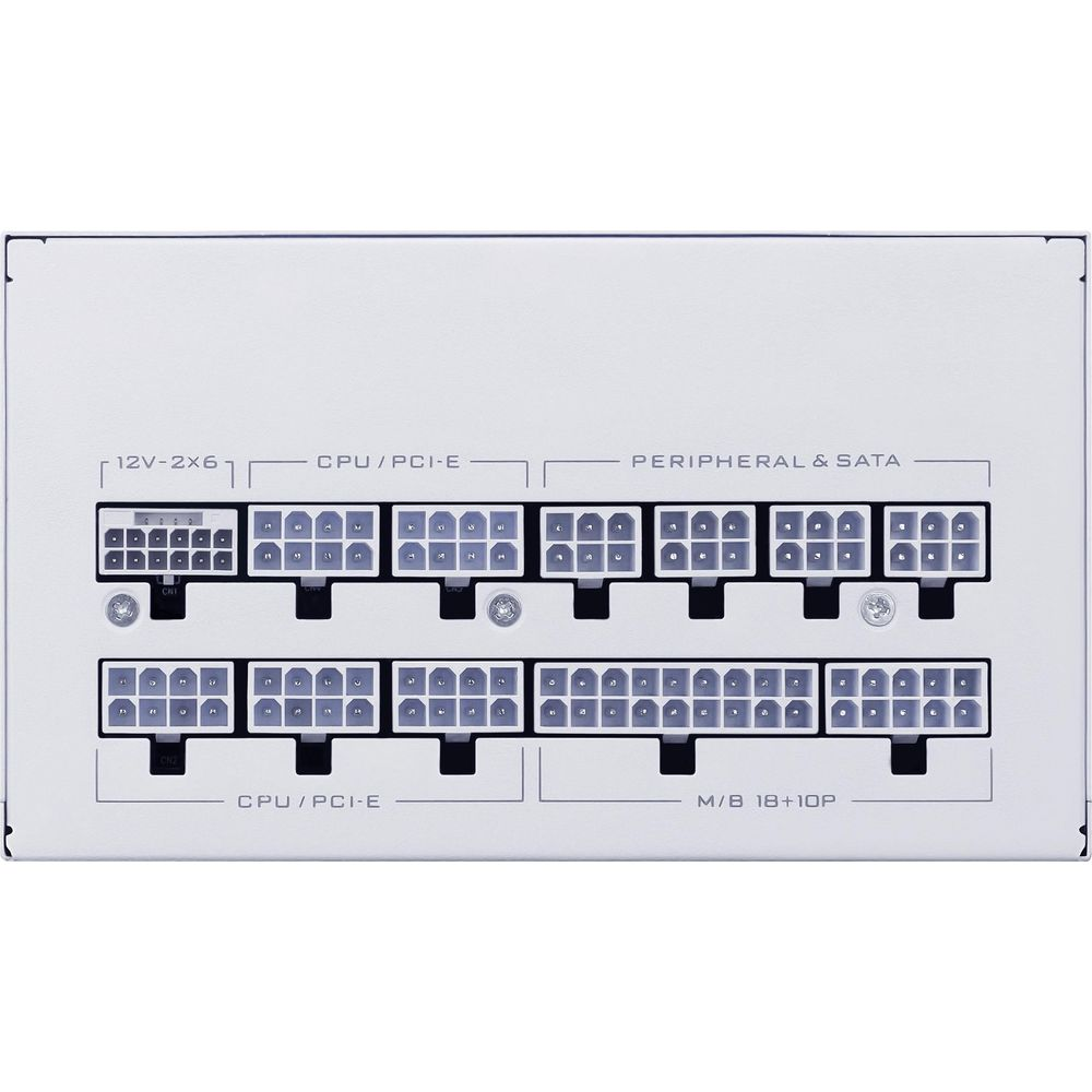 Panneau de ports blanc d'alimentation avec étiquettes 12V-2x6, CPU/PCI-E, PERIPHERAL & SATA, M/B 18+10P.