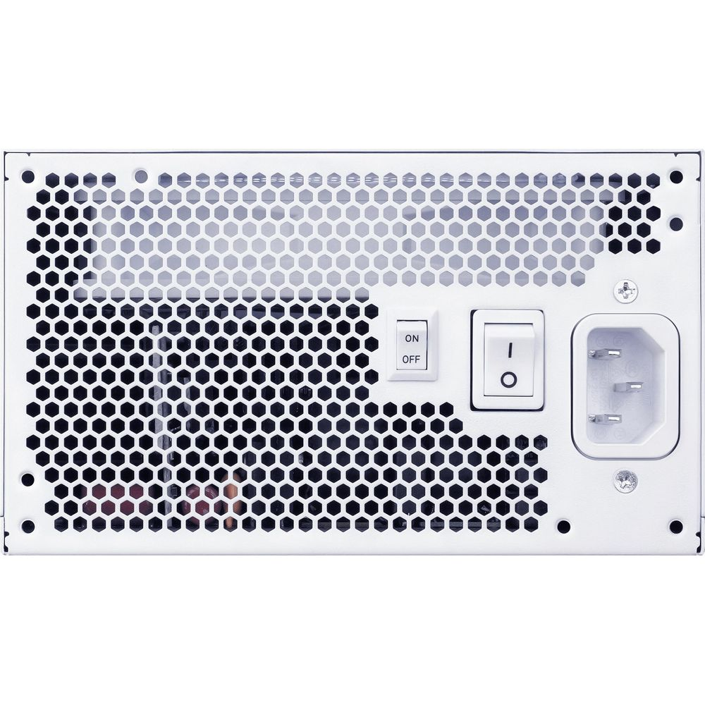 Arrière d'une alimentation blanche avec grille de ventilation, interrupteur marche/arrêt et connecteur d'alimentation.