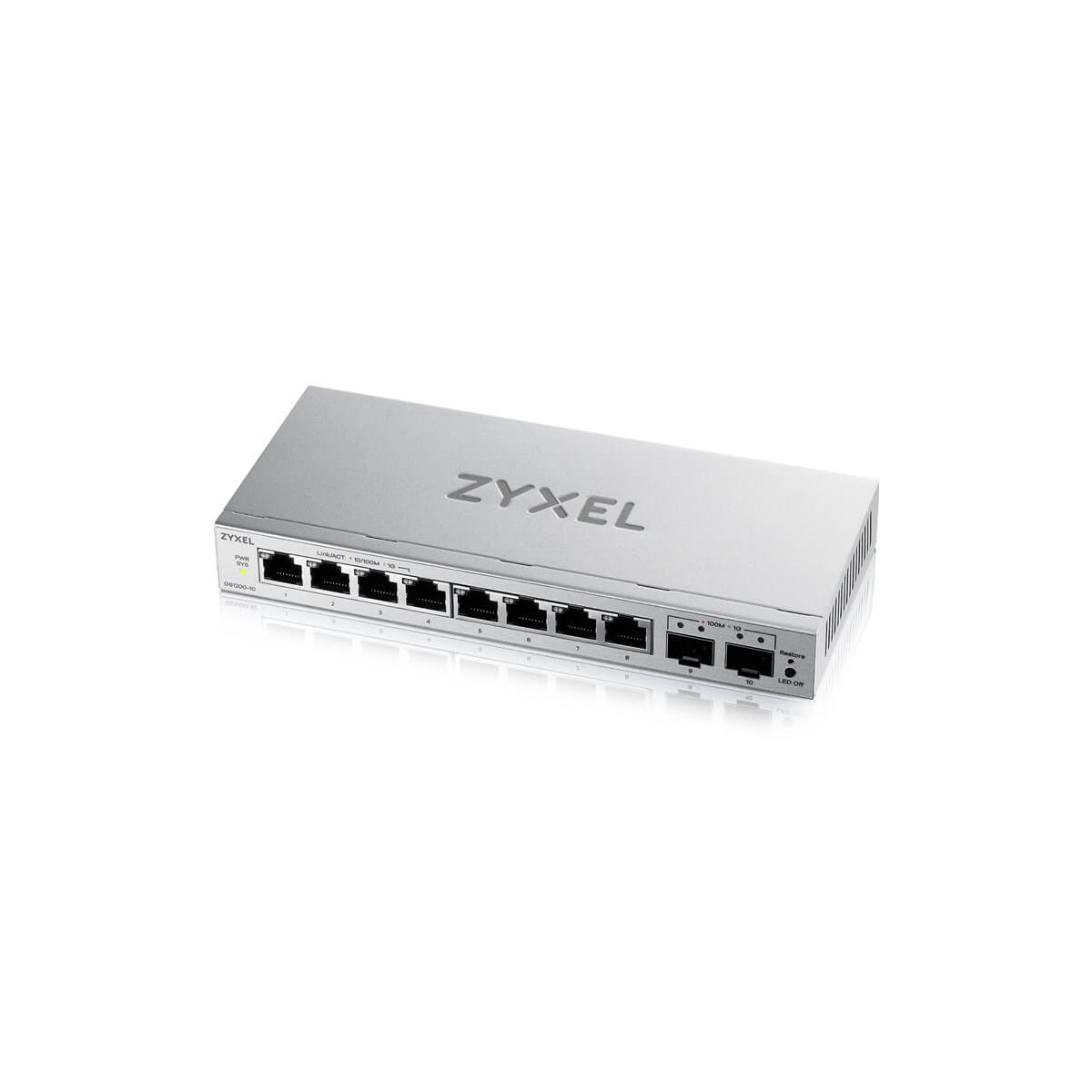 Silberner Zyxel Netzwerk-Switch mit 10 Anschlüssen auf weißem Hintergrund.