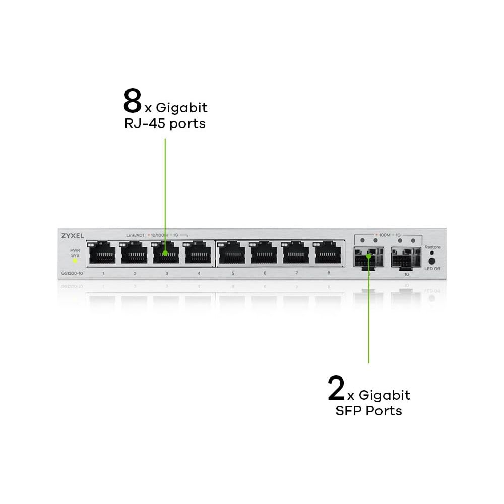 Zyxel Netzwerk-Switch mit 8 Gigabit RJ45-Ports und 2 Gigabit SFP-Ports.