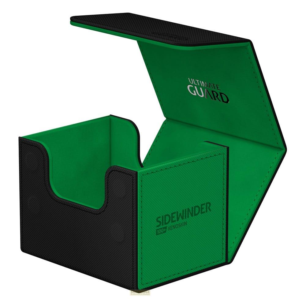 Una scatola per mazzo di carte nera e verde con coperchio aperto.