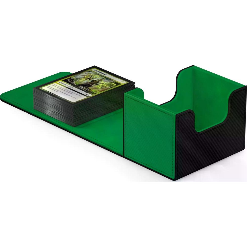 Un organizer per giochi di carte verde con un mazzo di carte.
