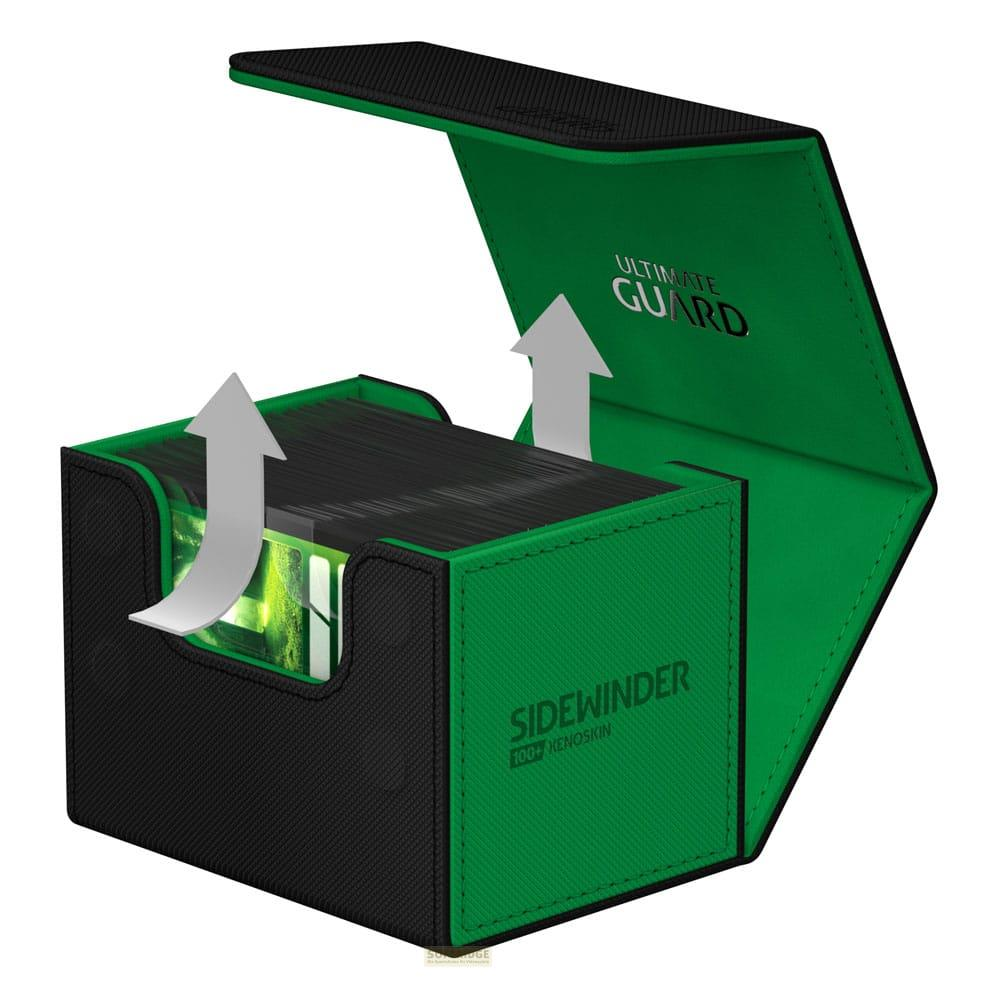 Un porta mazzo Ultimate Guard Sidewinder verde e nero con frecce che indicano il flusso d'aria.