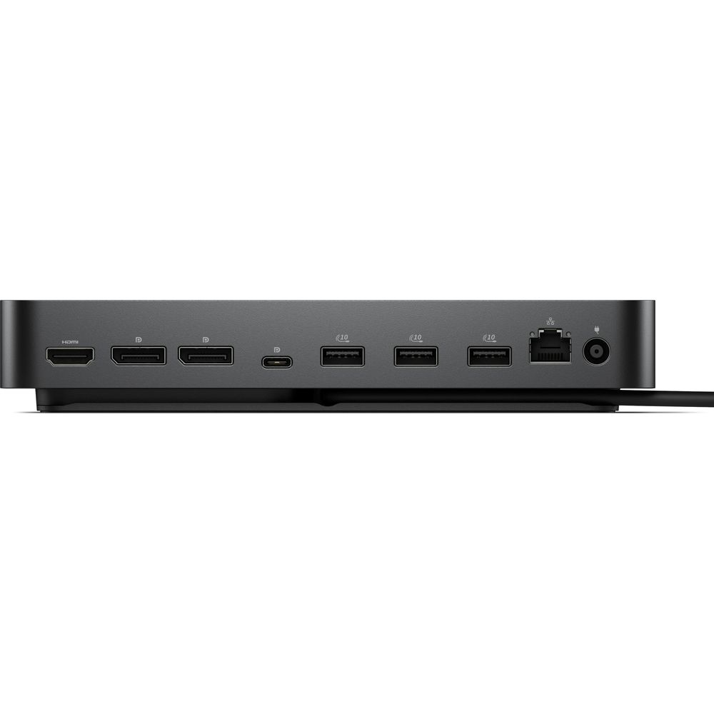 Eine schwarze Dockingstation mit mehreren Anschlüssen: HDMI, USB-C, USB-A und Ethernet.