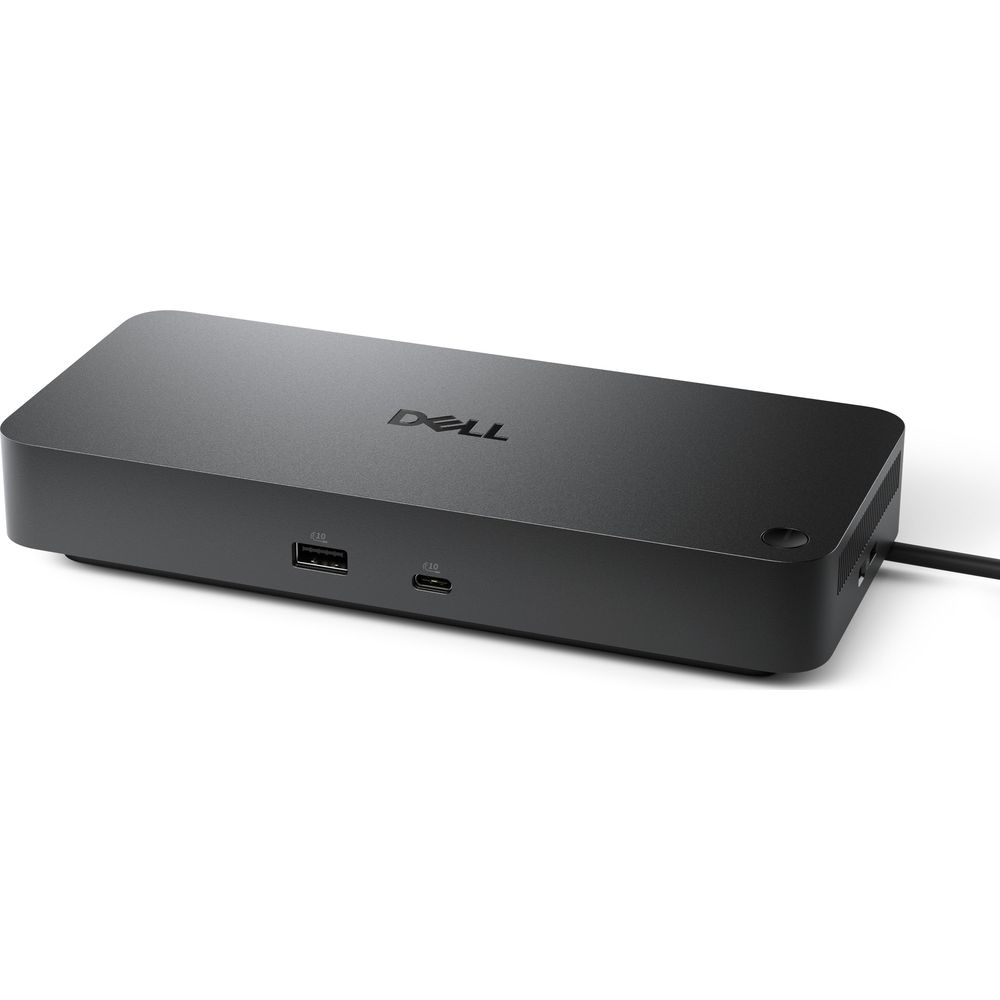 Schwarze Dell Dockingstation mit USB-A und USB-C Anschlüssen, auf weißem Hintergrund.