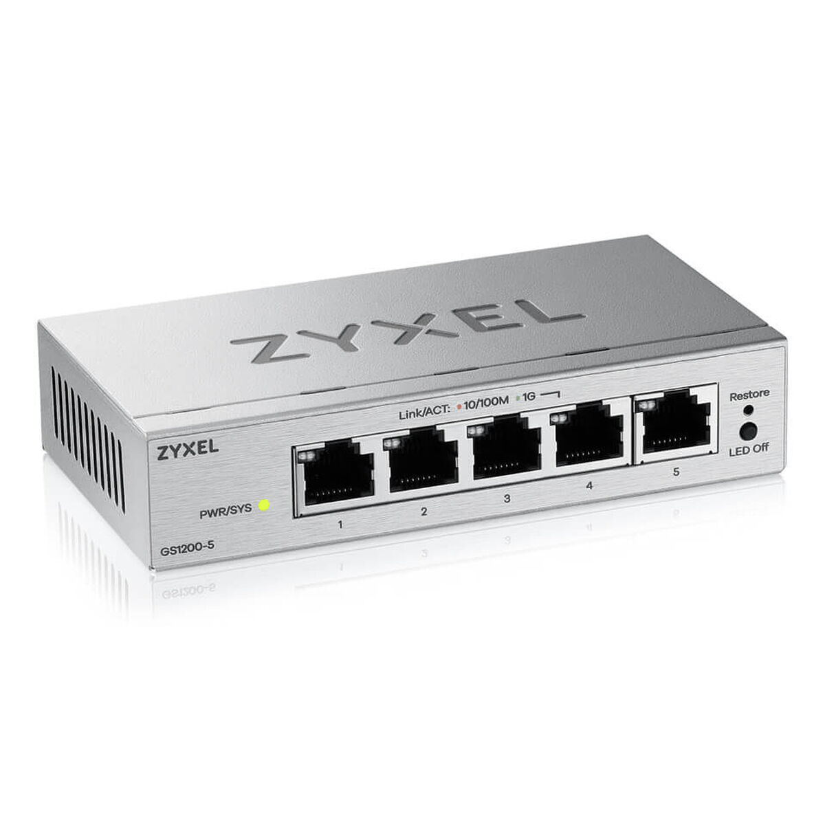 Un switch réseau Zyxel GS1200-5 argenté 5 ports avec alimentation et LED.