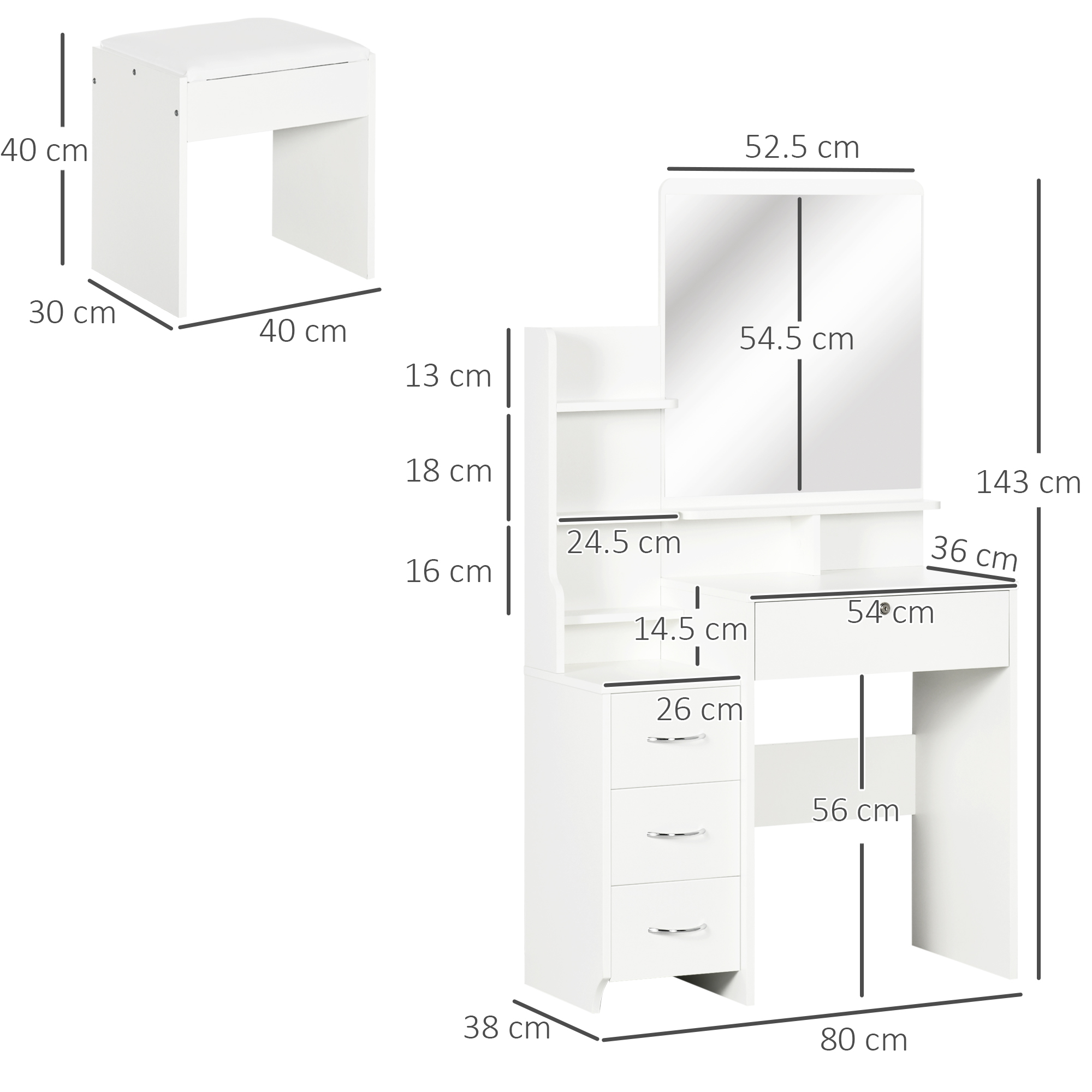 Un mobile da trucco bianco con specchio e sgabello, con misure.