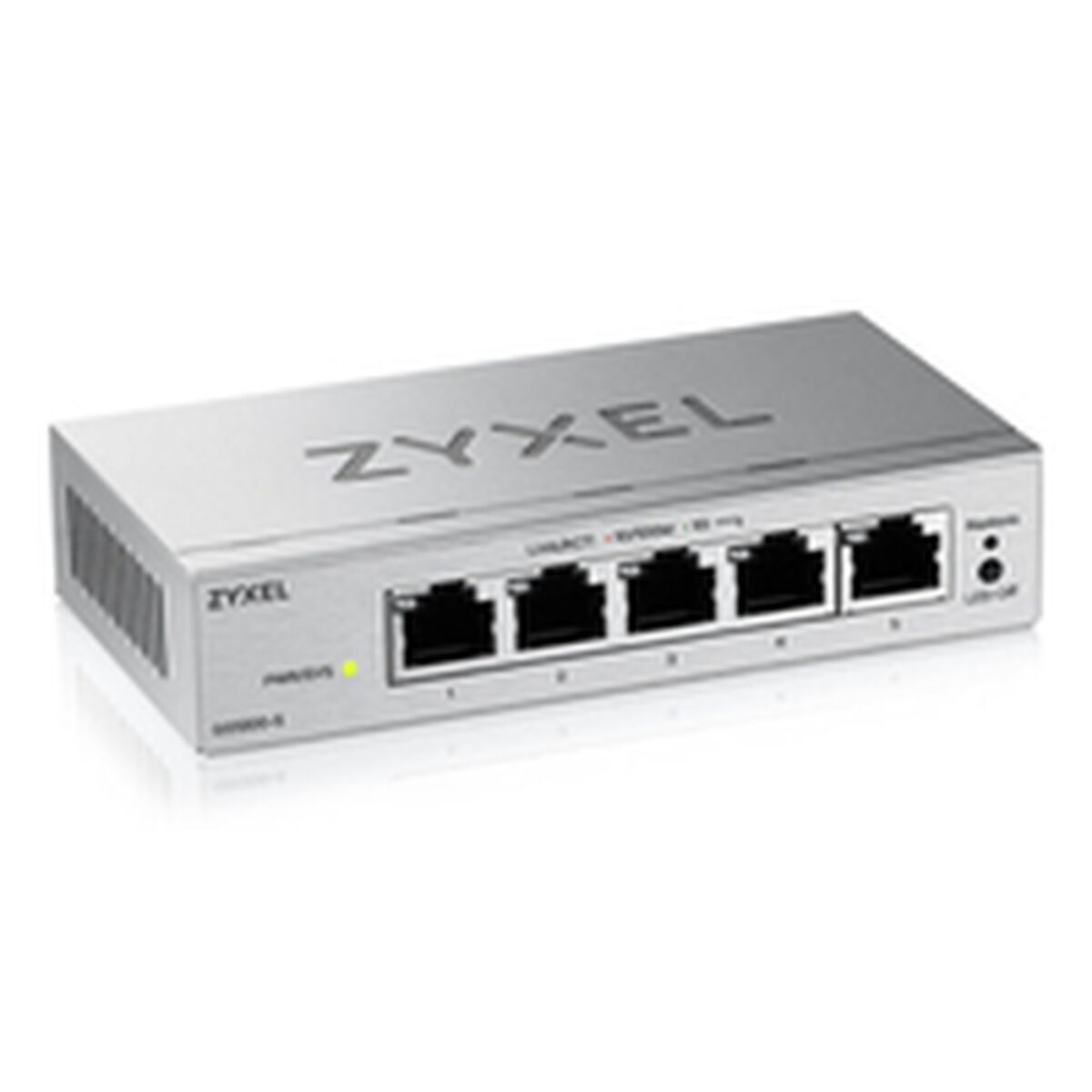 Un switch réseau Zyxel argenté avec cinq ports Ethernet sur le devant.