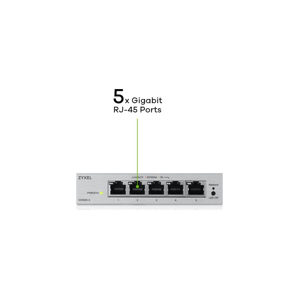 Un switch Zyxel GS1200-5 avec cinq ports Gigabit RJ-45 et des indicateurs LED.
