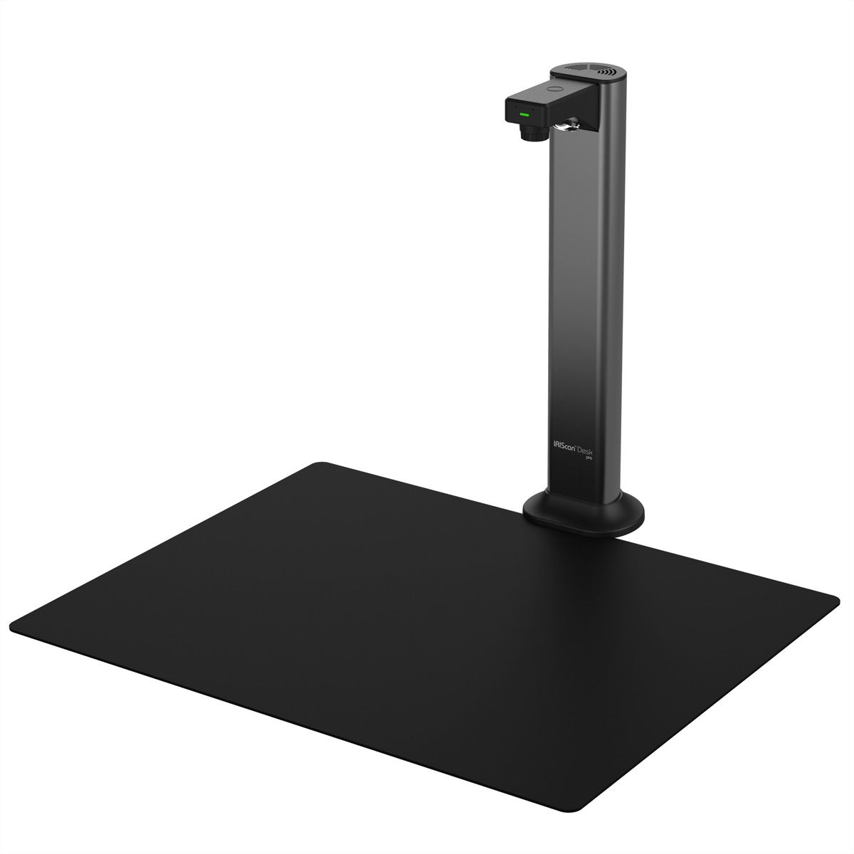 Un scanner IRIScan Desk Pro noir se trouve sur un tapis noir sur fond blanc.